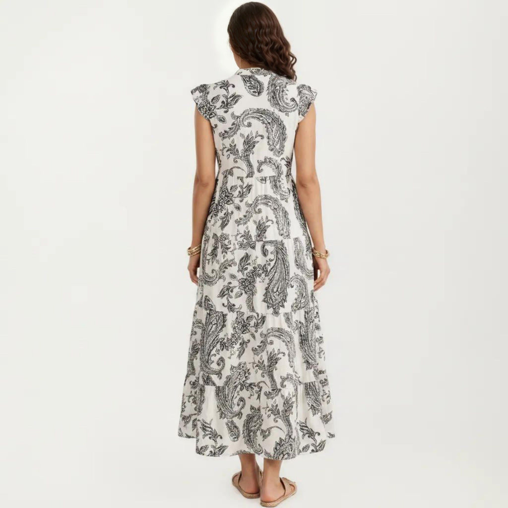 Anna-Kaci Women's Paisley Print Flutter Sleeve Tiered Maxi Dress