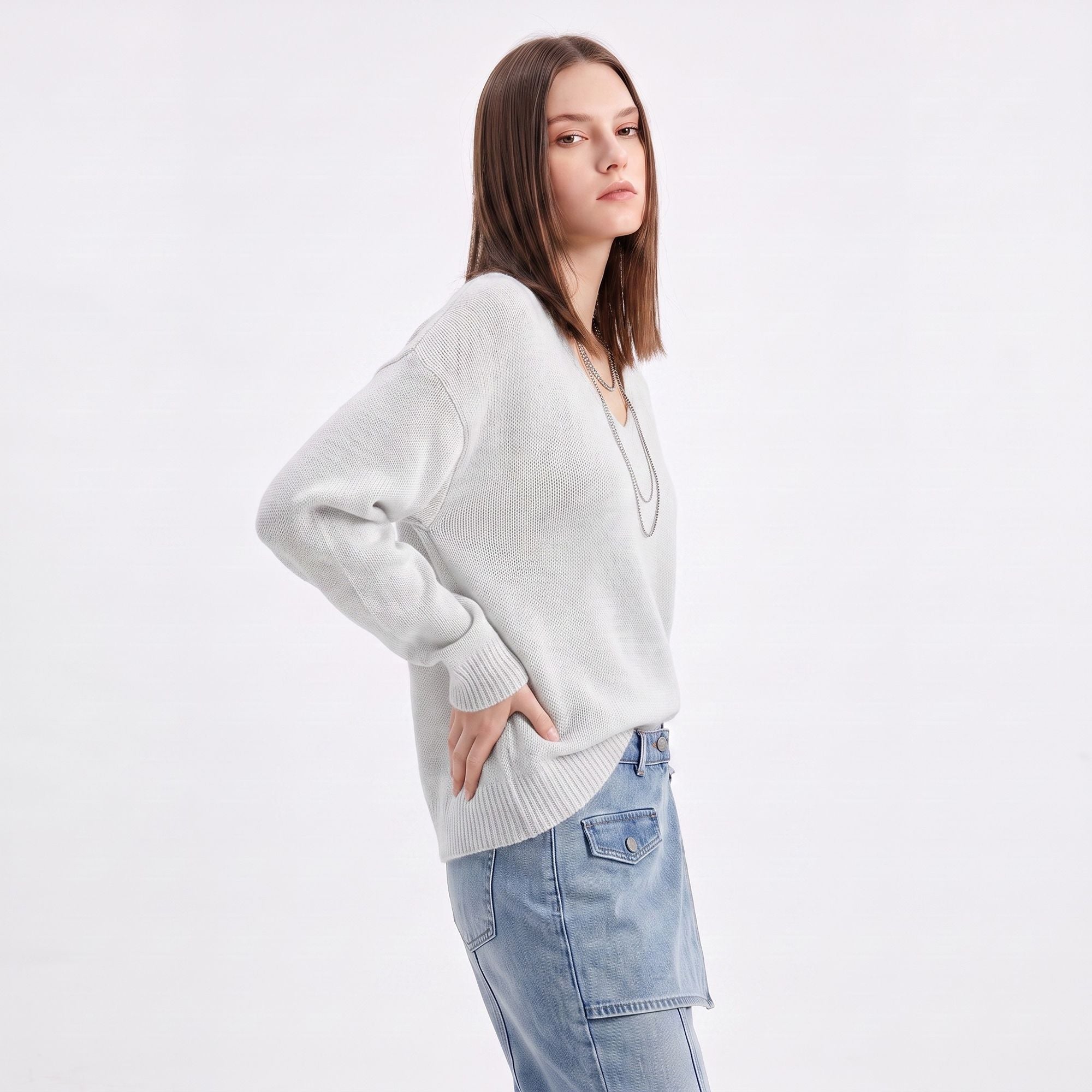 Oversized V Neck Longline Knit Pullover Sweater