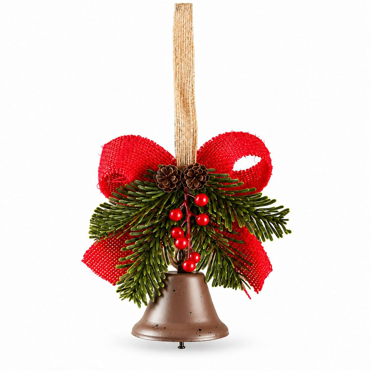 Christmas Bell Ornament with Bow Pinecones Berries and Greenery
