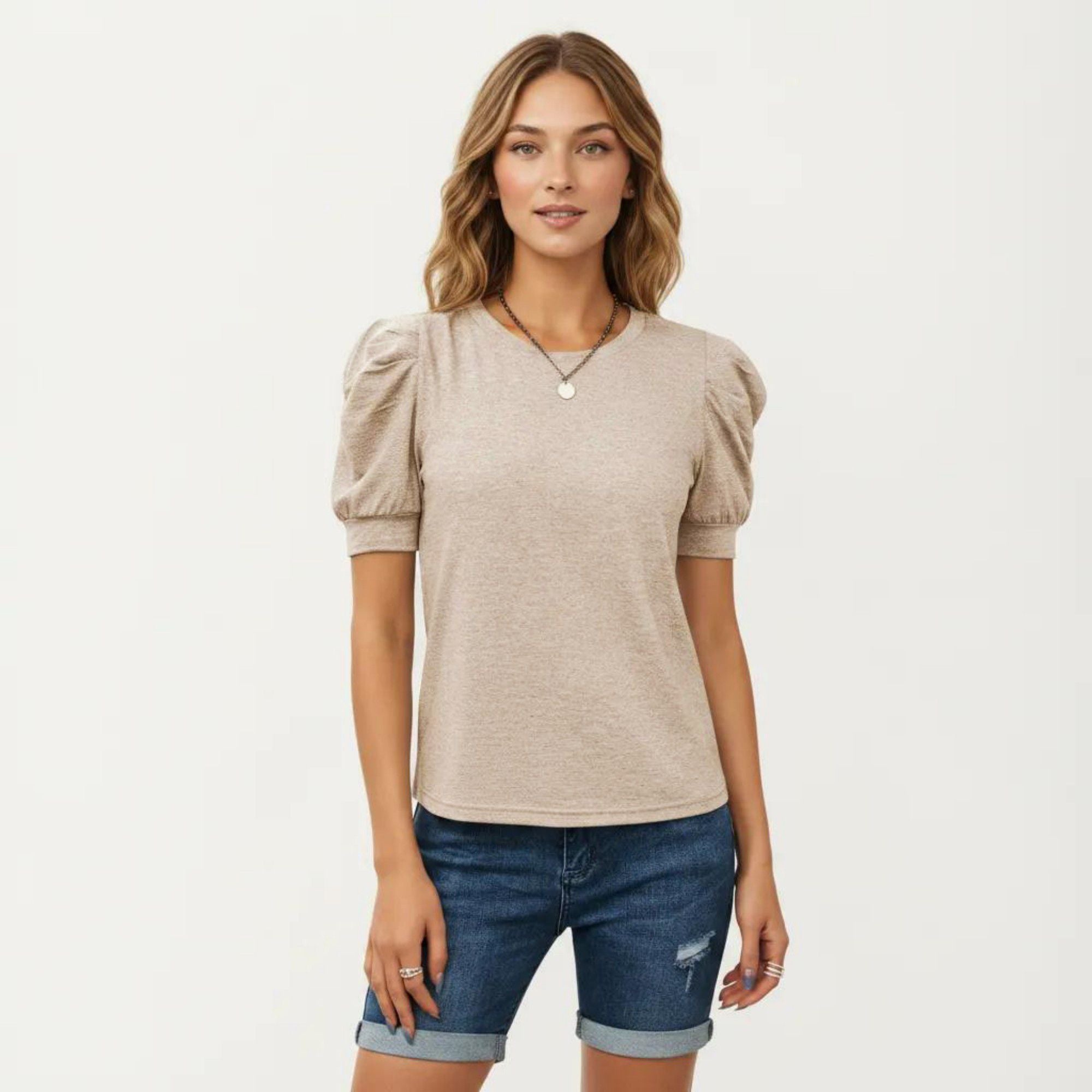 Anna-Kaci Women's Short Sleeve Puff Sleeve Knit Top with Crew Neck and Soft Textured Fabric