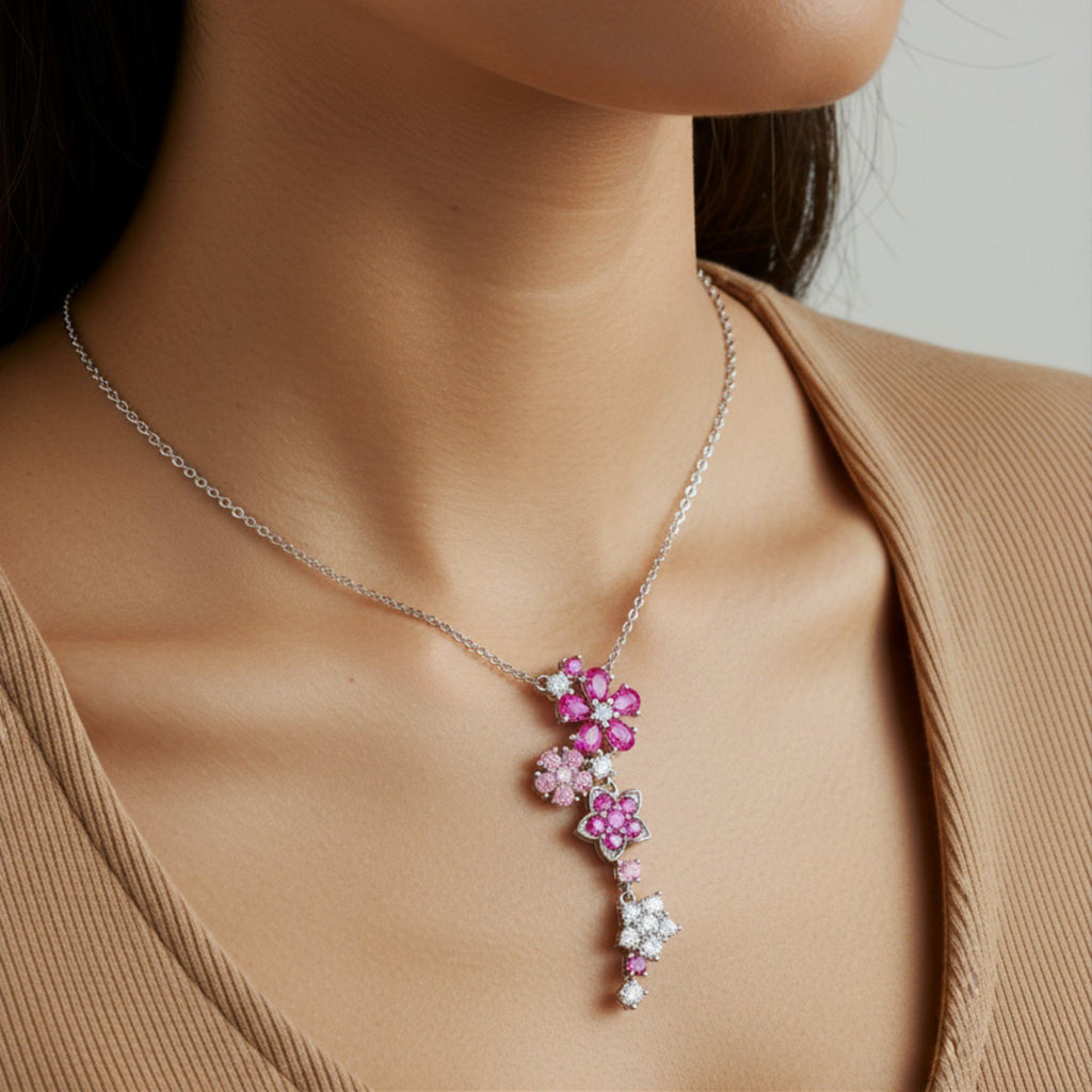 Women's Crystal Flower Pendant Necklace with Cascading Rhinestone Floral Design