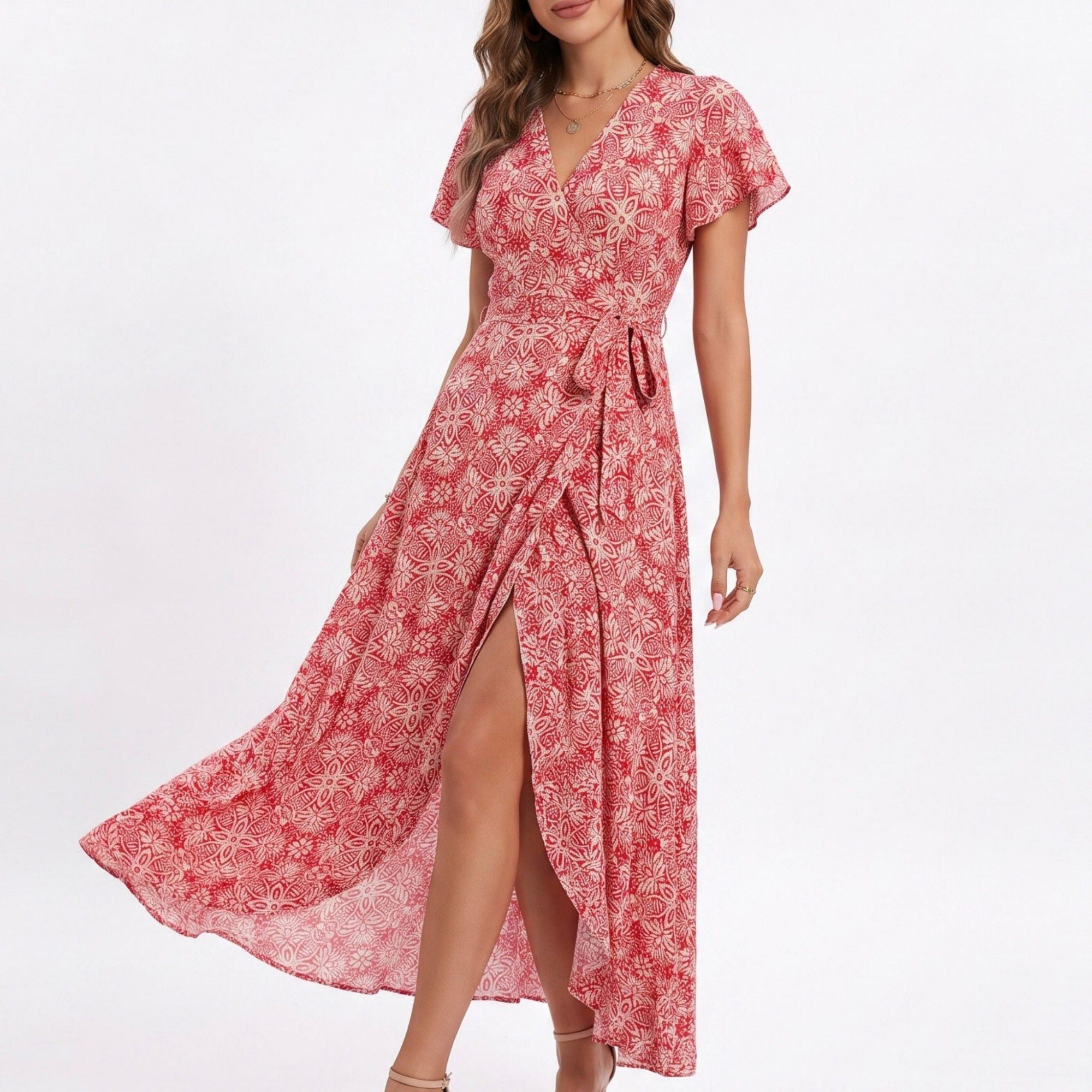 Floral Print Wrap Maxi Dress with V Neck Short Flutter Sleeves Tie Waist and Front Slit