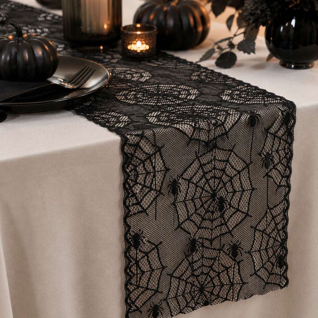 Halloween Black Lace Skull Cutout Table Runner