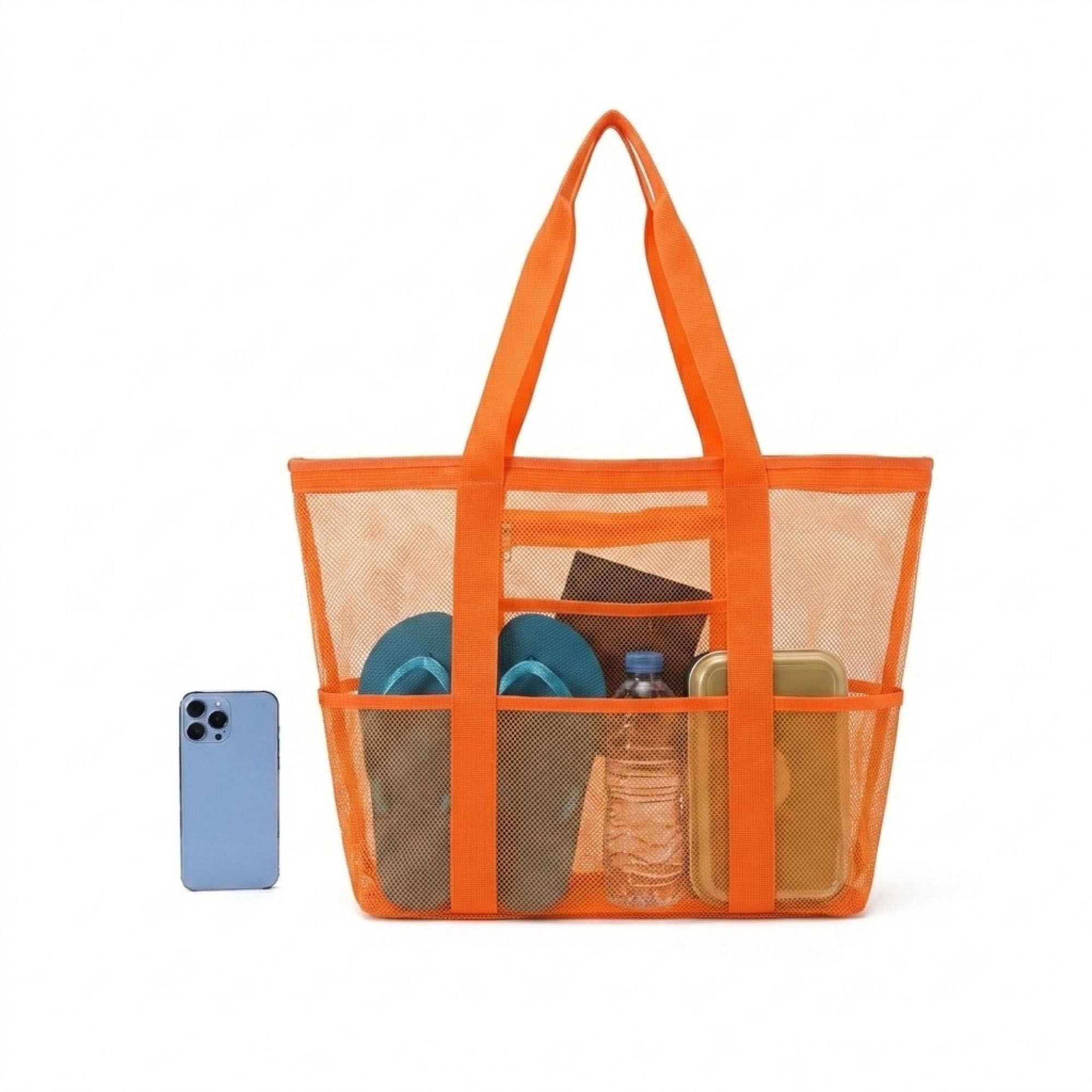 Mesh Beach Tote Bag Large Capacity Travel Shoulder Bag with Exterior Pockets Zipper Top Organizer