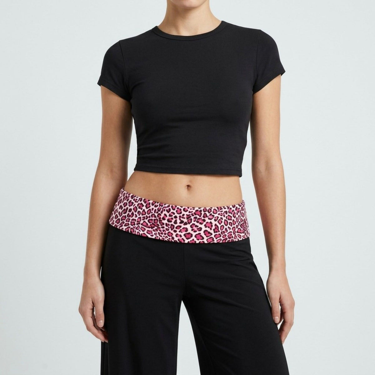 Contrast Foldover Waistband Leopard Print Cropped Trousers
