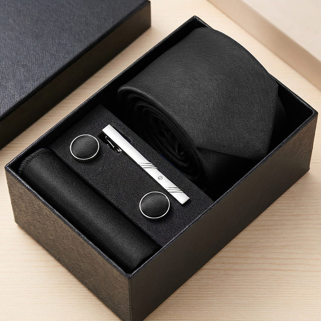 Men's Solid Textured Tie Gift Set Necktie Pocket Square Cufflinks Tie Clip Formal Accessory Set