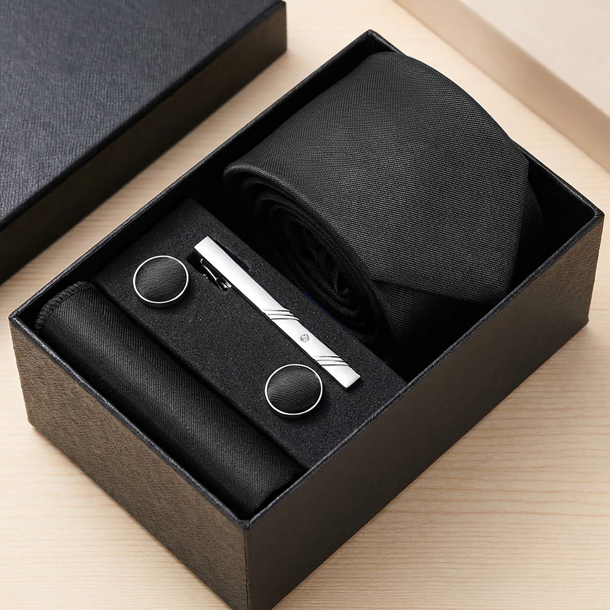 Men's Solid Textured Tie Gift Set Necktie Pocket Square Cufflinks Tie Clip Formal Accessory Set
