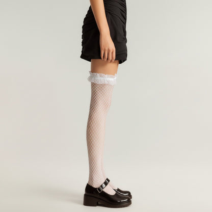 Anna-Kaci 2pcs Women's Fishnet Thigh High Stockings with Ruffled Lace Top Detail Soft Stretch Fit for Delicate Feminine Layered Styling