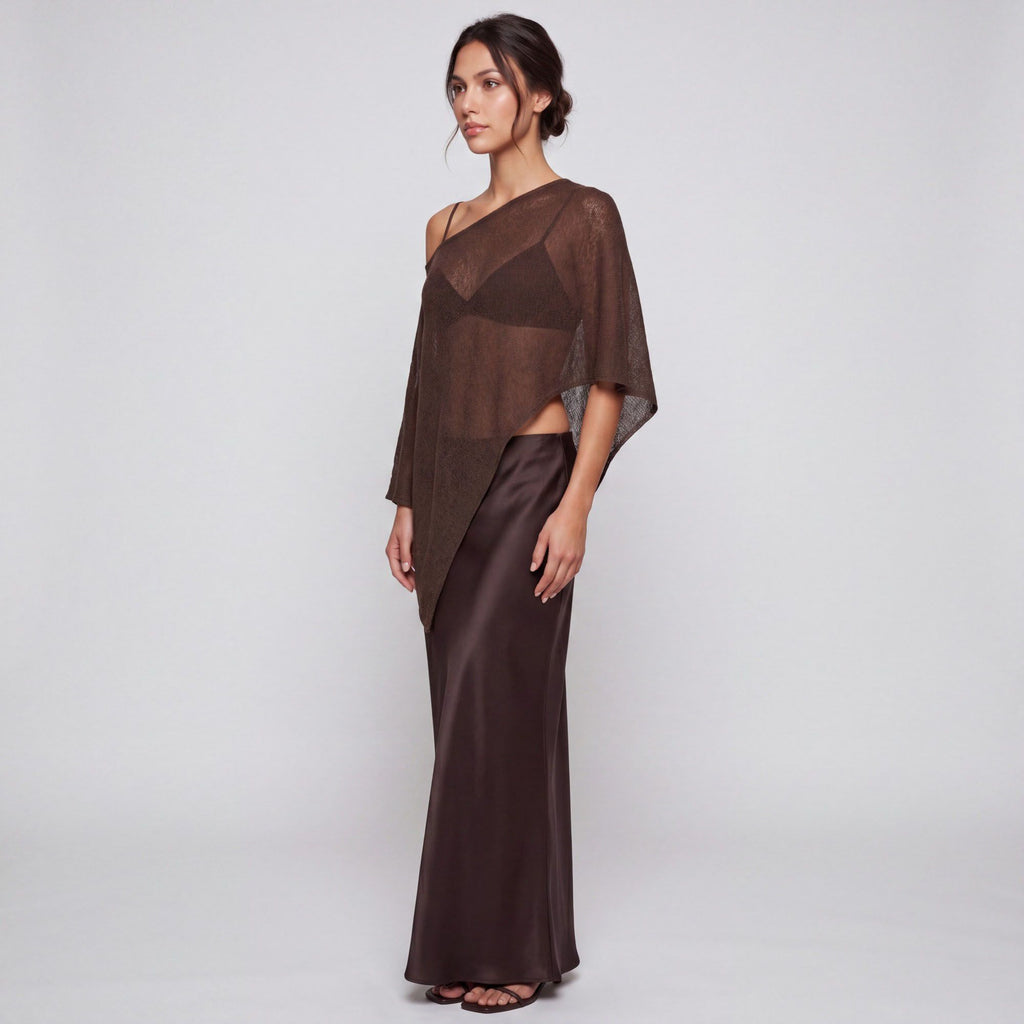 Sheer Open Knit Asymmetrical Poncho Top with One Shoulder Neckline, Draped Sleeve and Pointed Hem