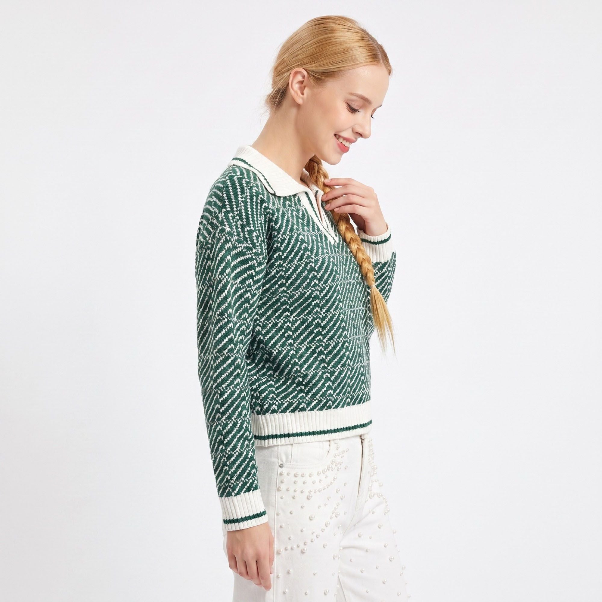 Geometric Knit Polo Collar Long Sleeve Sweater