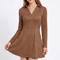 Brown Collared V Neck Long Sleeve Faux Suede Fit and Flare Mini Dress