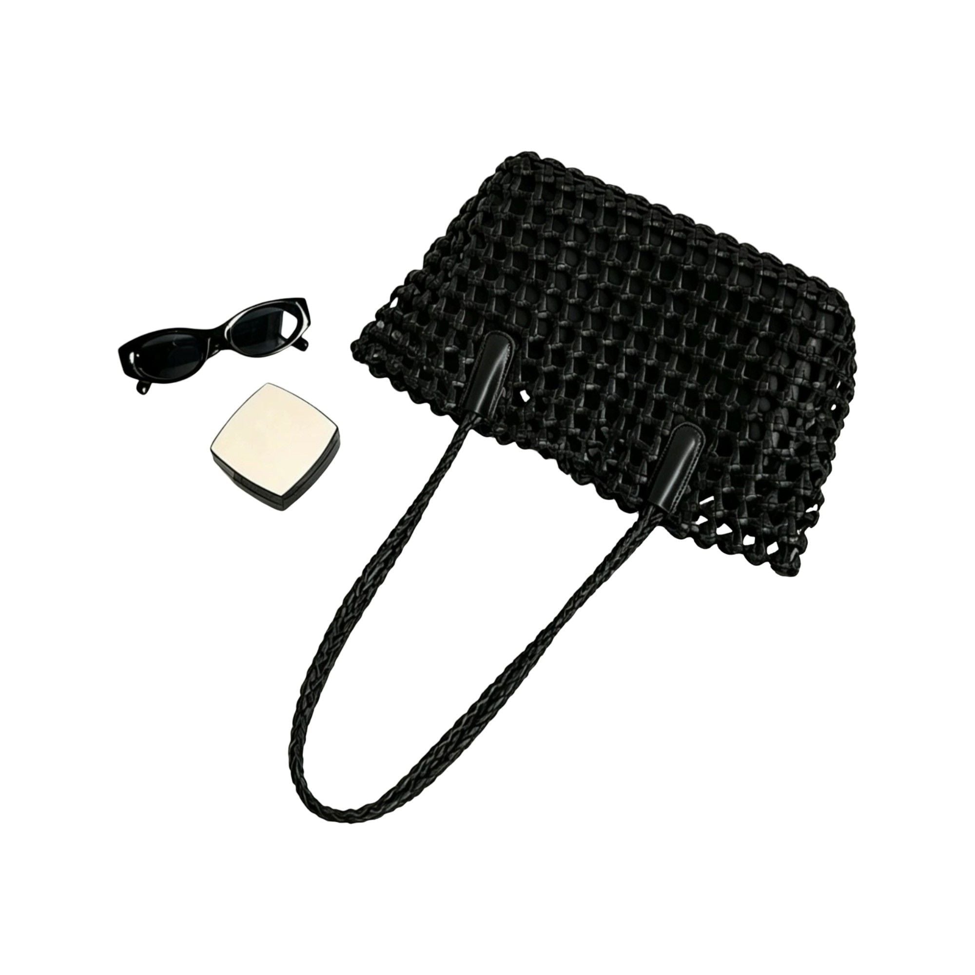 Open Weave Leather Tote Bag with Braided Shoulder Straps and Interior Zip Compartment