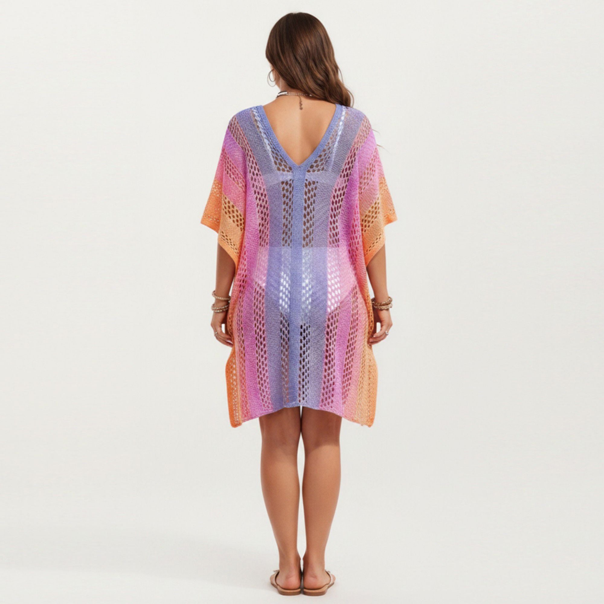 Anna-Kaci Women's Ombre Crochet Swim Cover Up Dress with Open Knit Mesh Design V Neck Short Sleeves Relaxed Fit