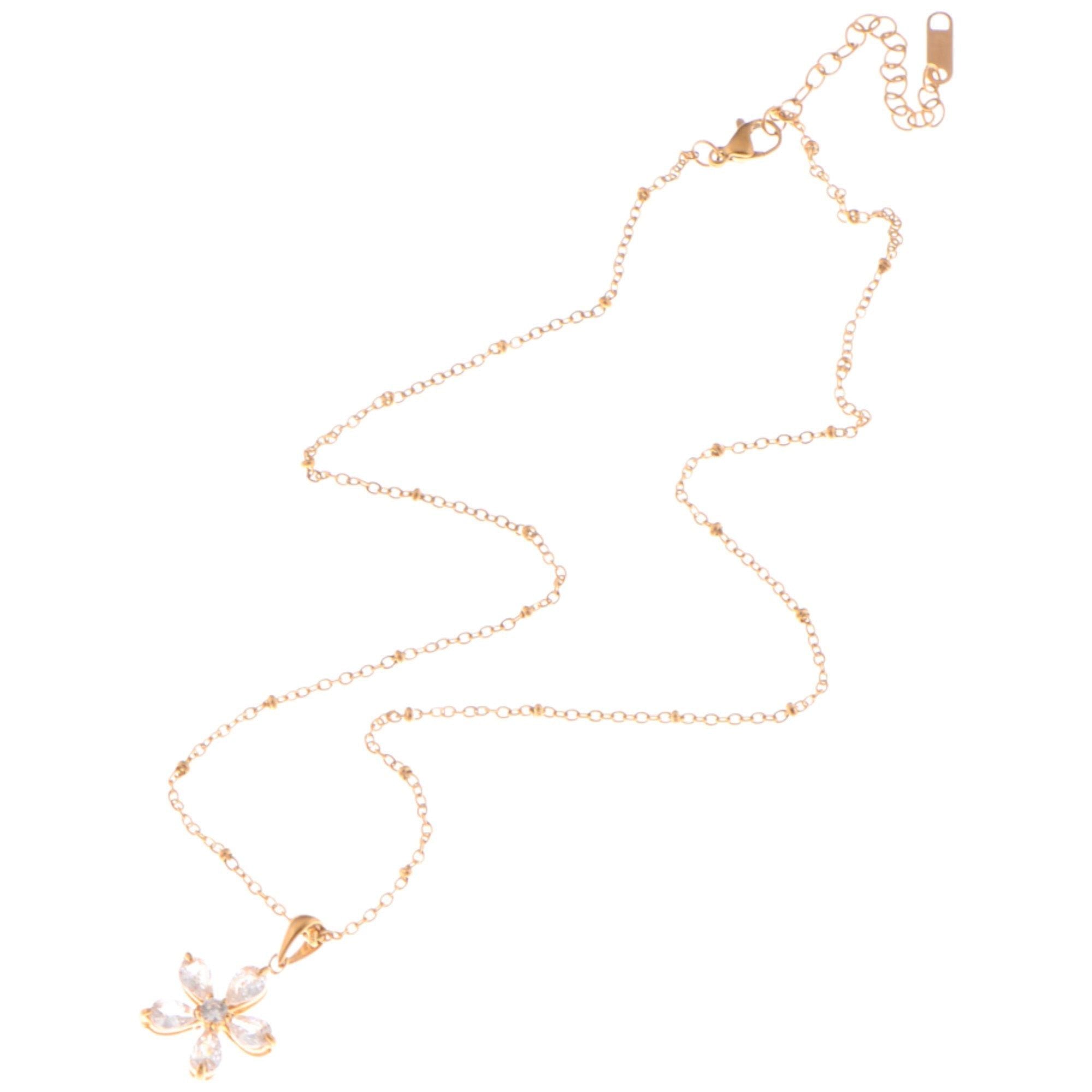Gold-Tone Flower Pendant Fashion Necklace with Crystal Petal Accents