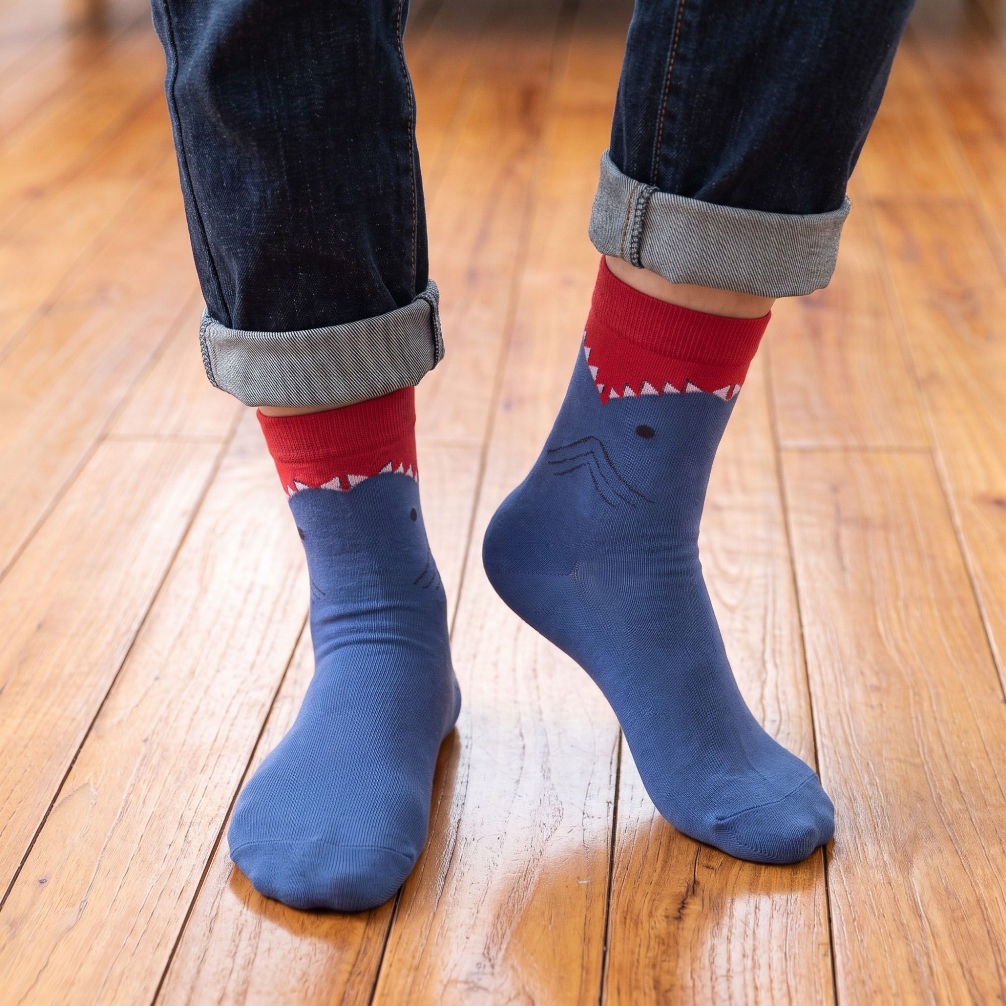 6 Pair Shark Graphic Crew Socks with Contrast Red Cuffs