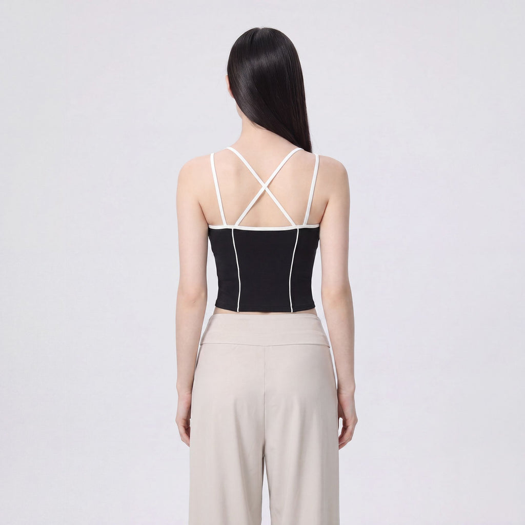 Contrast Trim Double Strap Cropped Cami Tank Top with Fitted Light Support Activewear Design