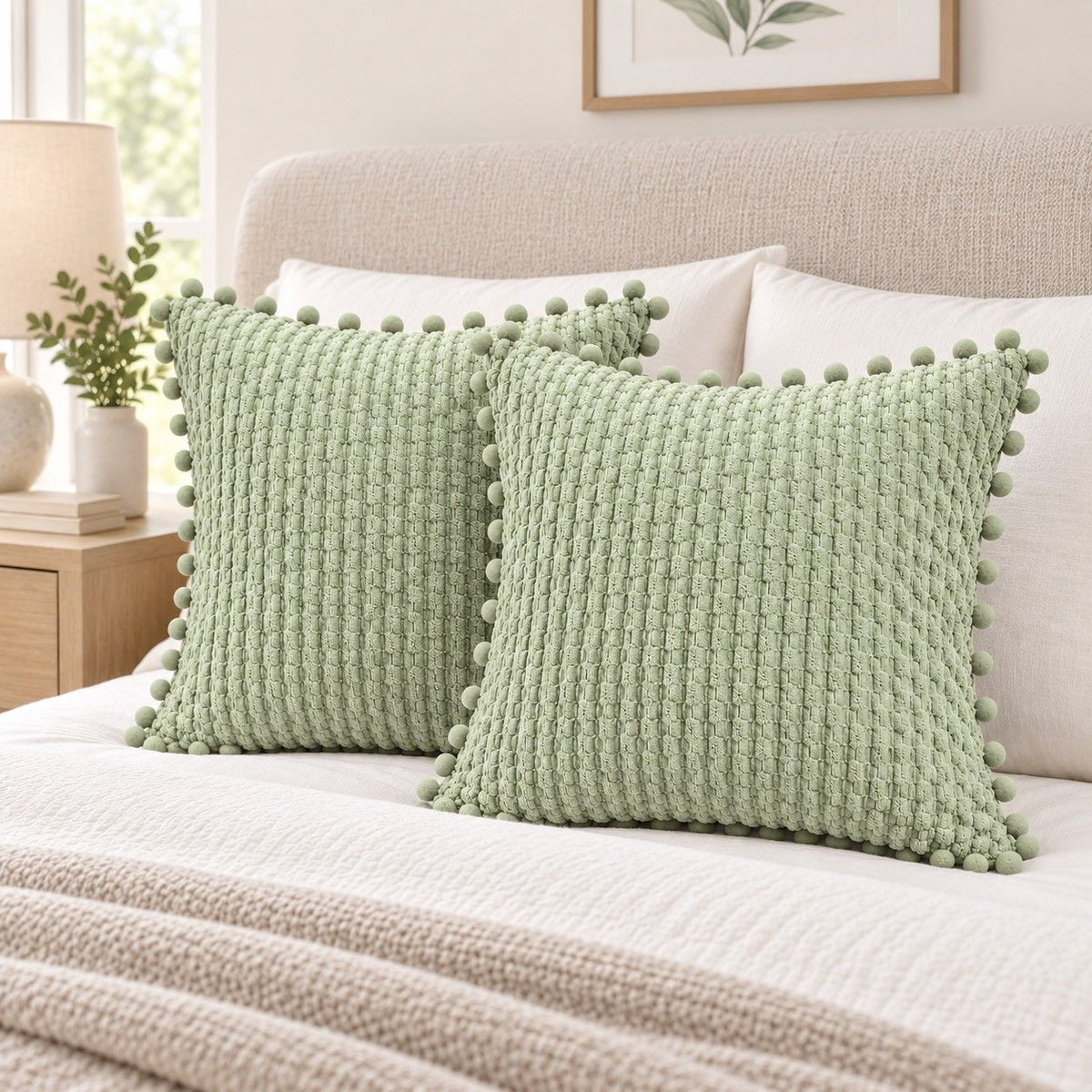 2 Pack Double Sided Corduroy Throw Pillow Covers 18 x 18 Inch with Pom Pom Trim