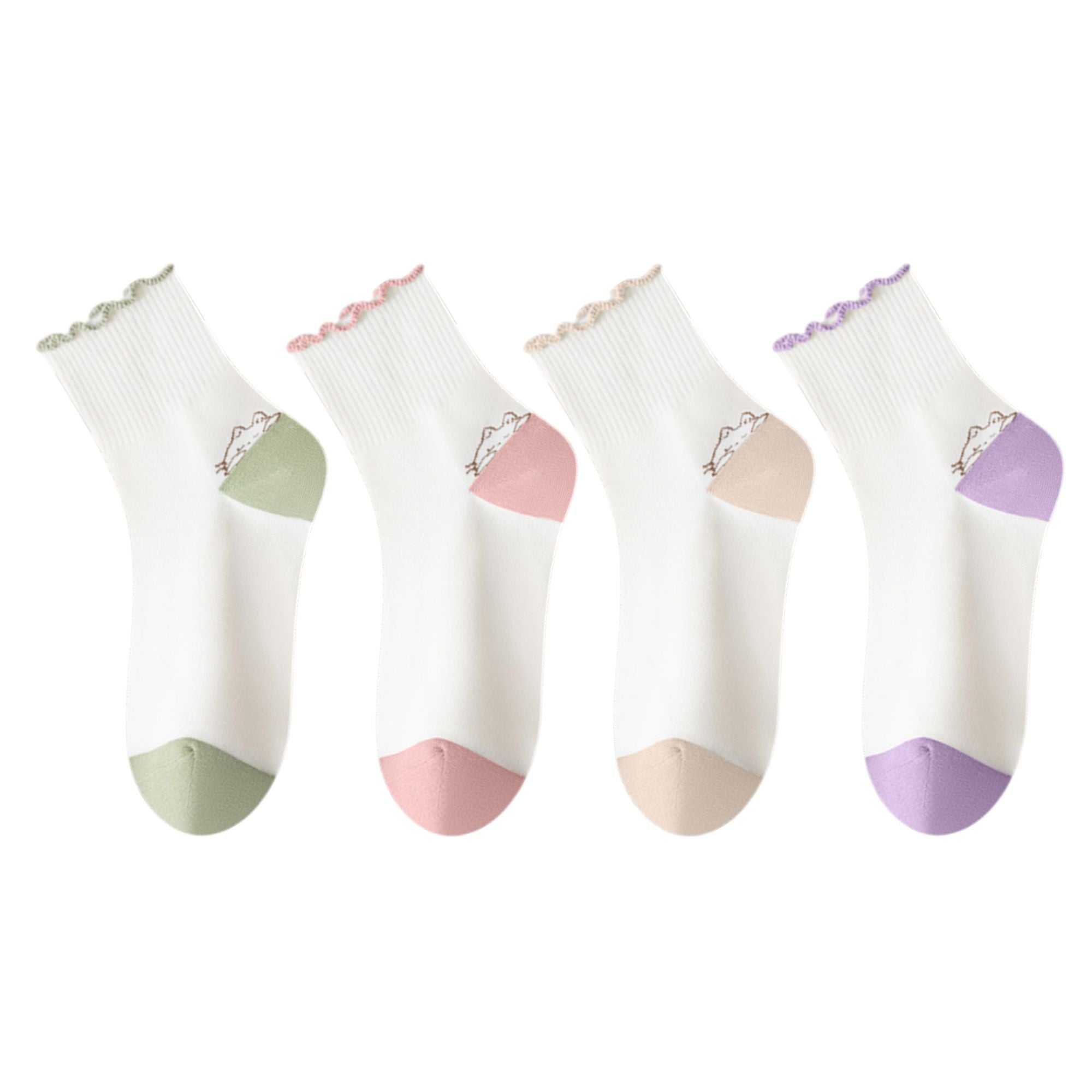 Anna-Kaci 4 Pairs Mid-Crew Ruffle Trim Socks with Contrast Toe Heel and Cat Embroidery Design