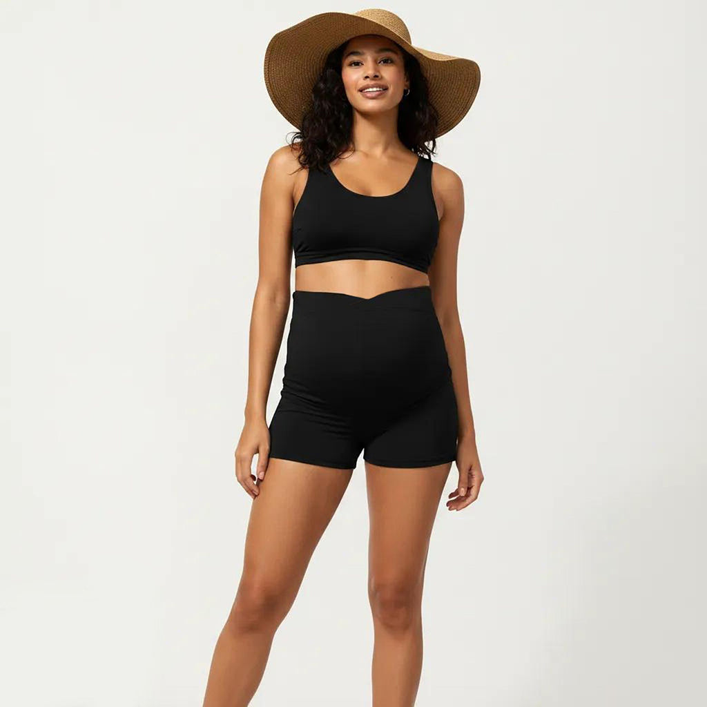 Anna-Kaci Swim Women's Two-Piece Maternity Swimwear Set with Cropped Tank Top and High-Waisted Shorts
