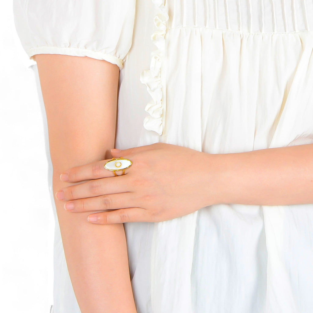Women's Wide Statement Ring Gold Tone with Round Stone Marble-Like Stone and Textured Details