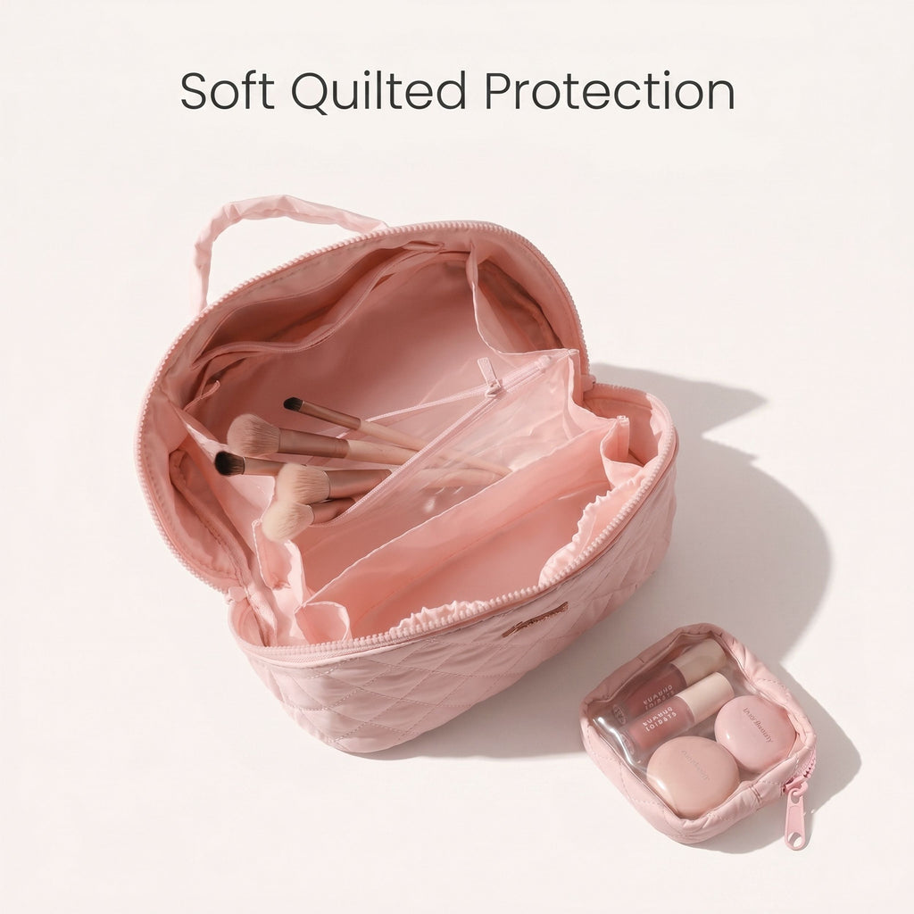 Quilted Makeup Bag Organizer with Handle Large Capacity Cosmetic Storage Case 2 Piece Set