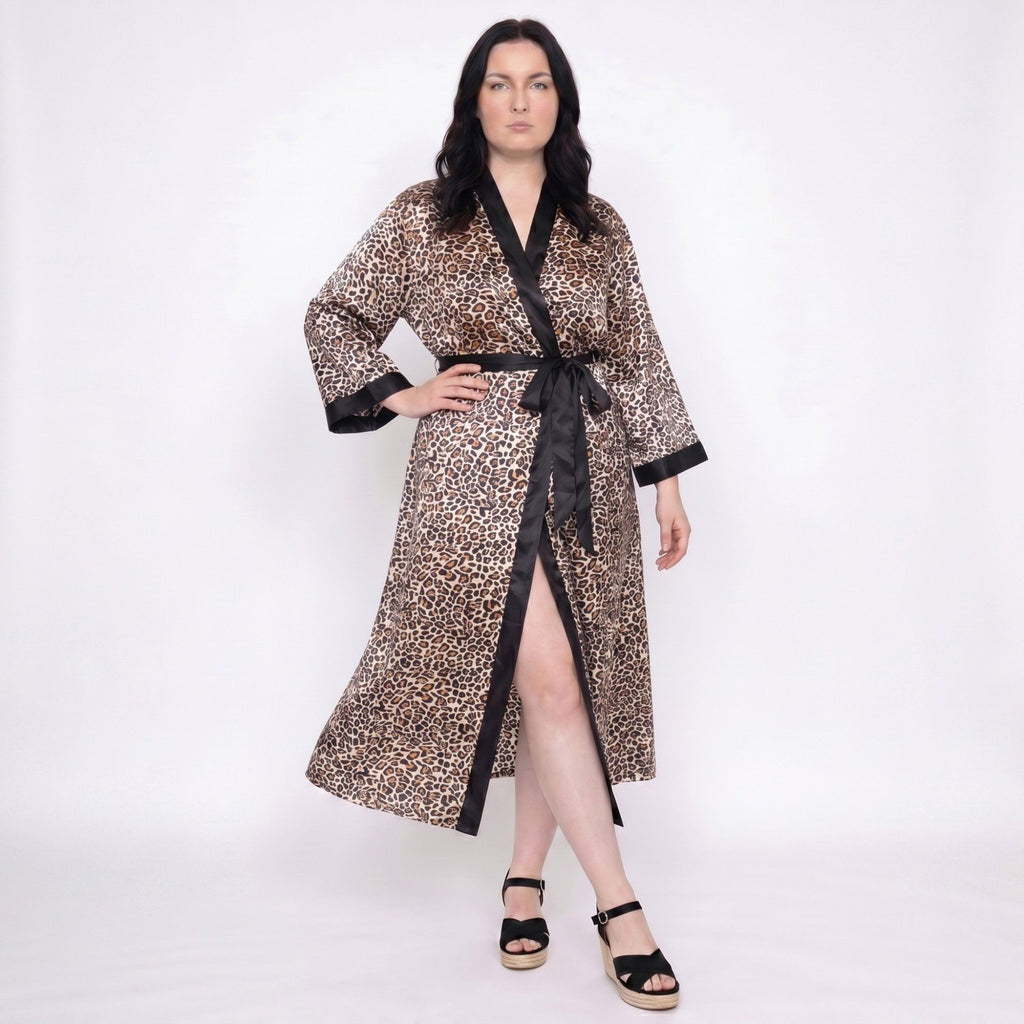 Plus Size Leopard Print Satin-Like Wrap Robe with Long Kimono Sleeves Contrast Trim and Self Tie Waist