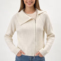 Ribbed Wide Collar Zip-Front Cardigan Sweater