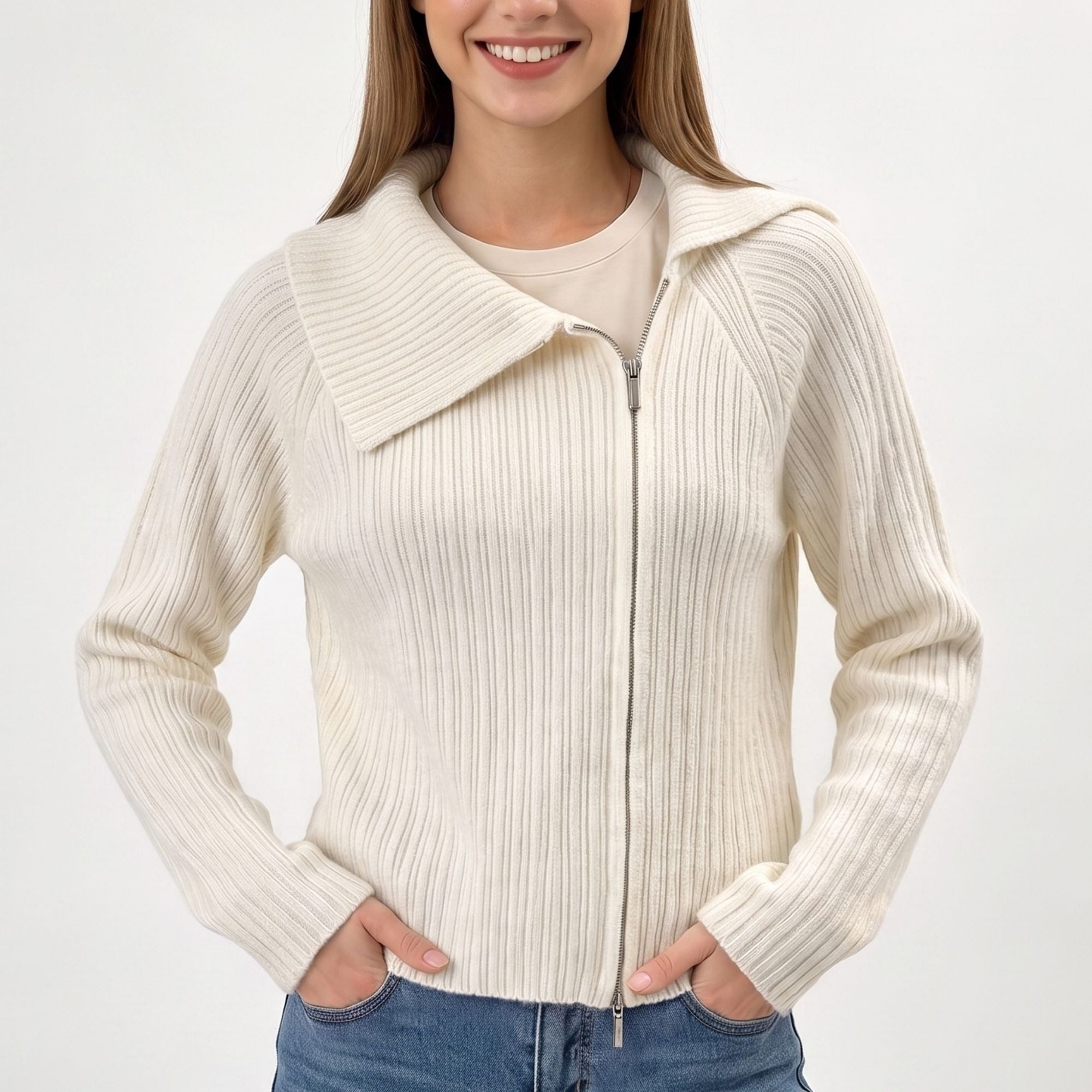 Ribbed Wide Collar Zip-Front Cardigan Sweater