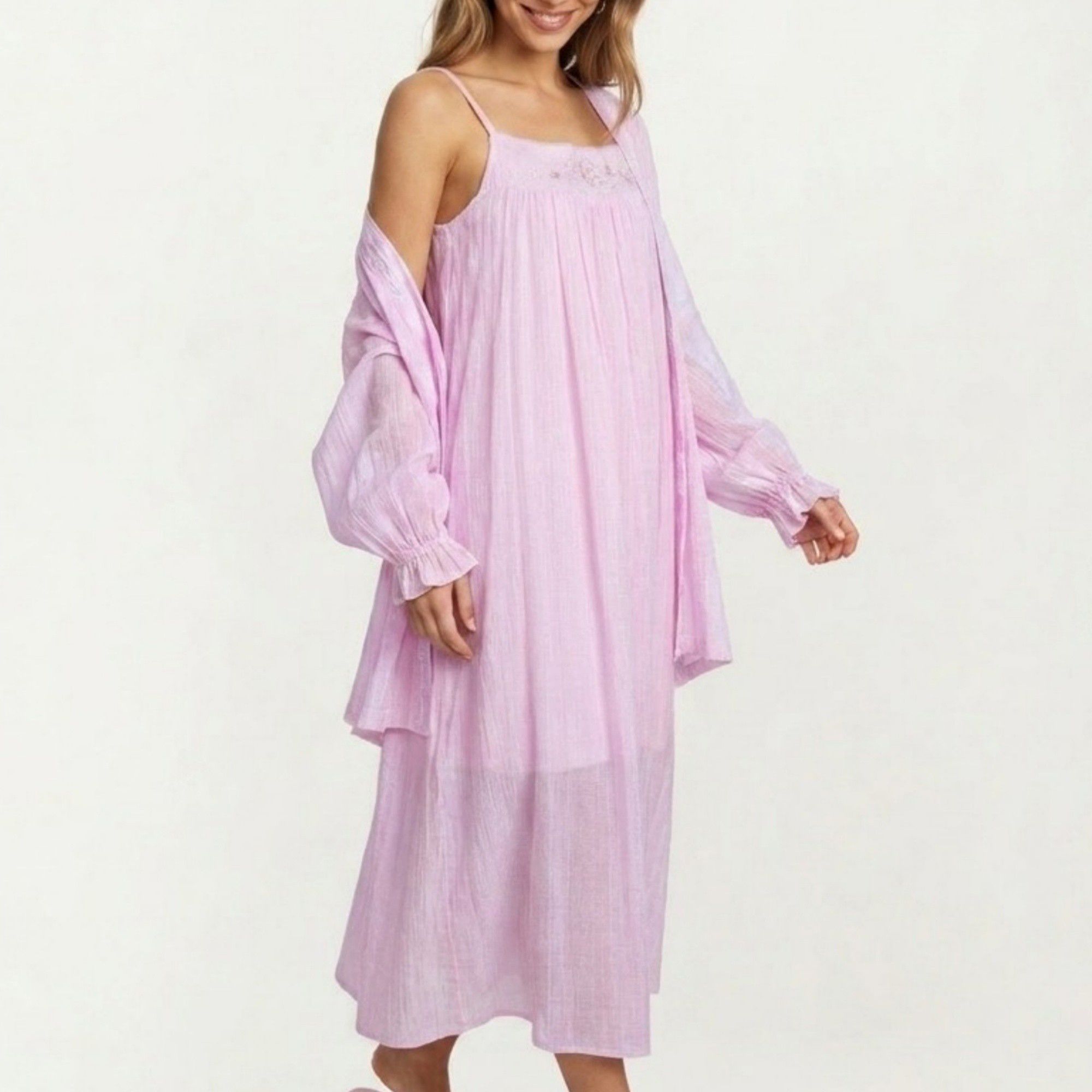 2-Piece Set Square Neck Nightgown and Long Sleeve Robe Pajama Set