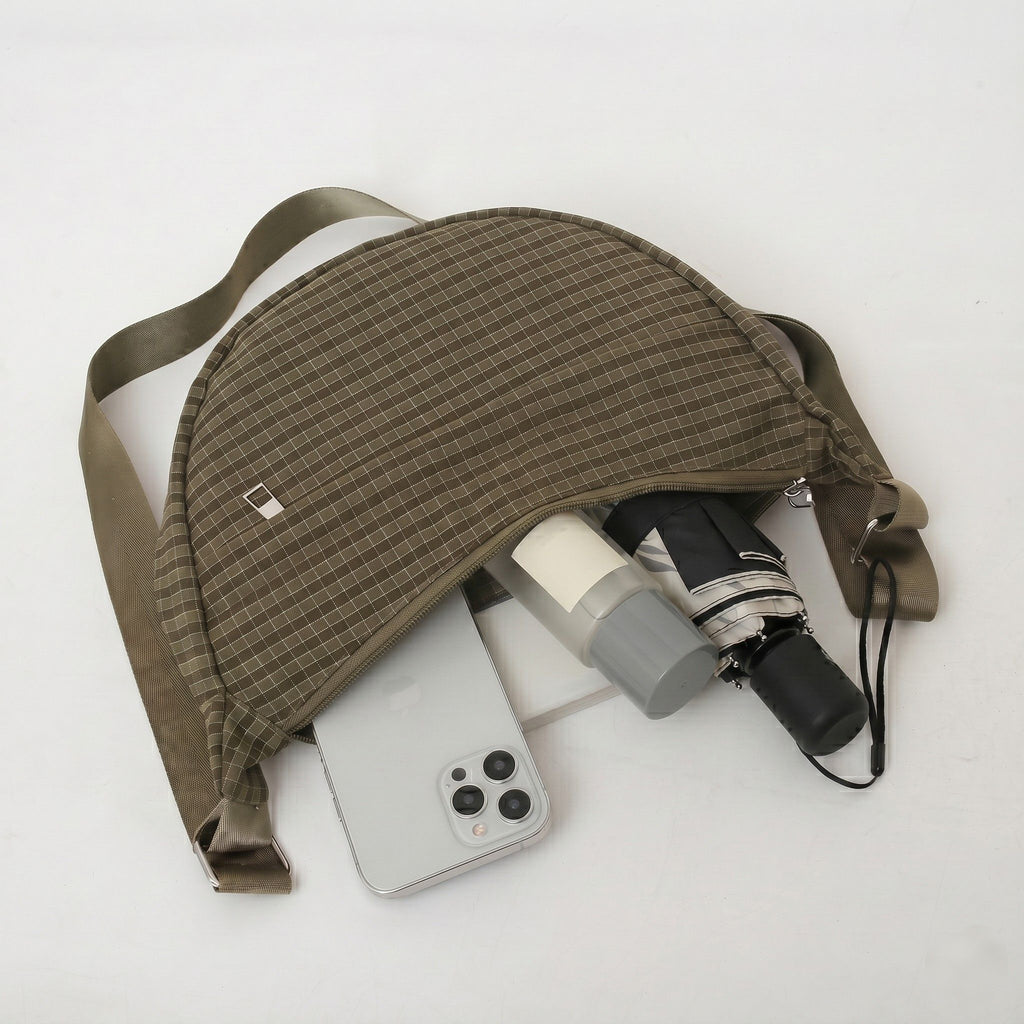 Plaid Nylon Crescent Shoulder Bags with Adjustable Strap Lightweight Casual Crossbody Bag