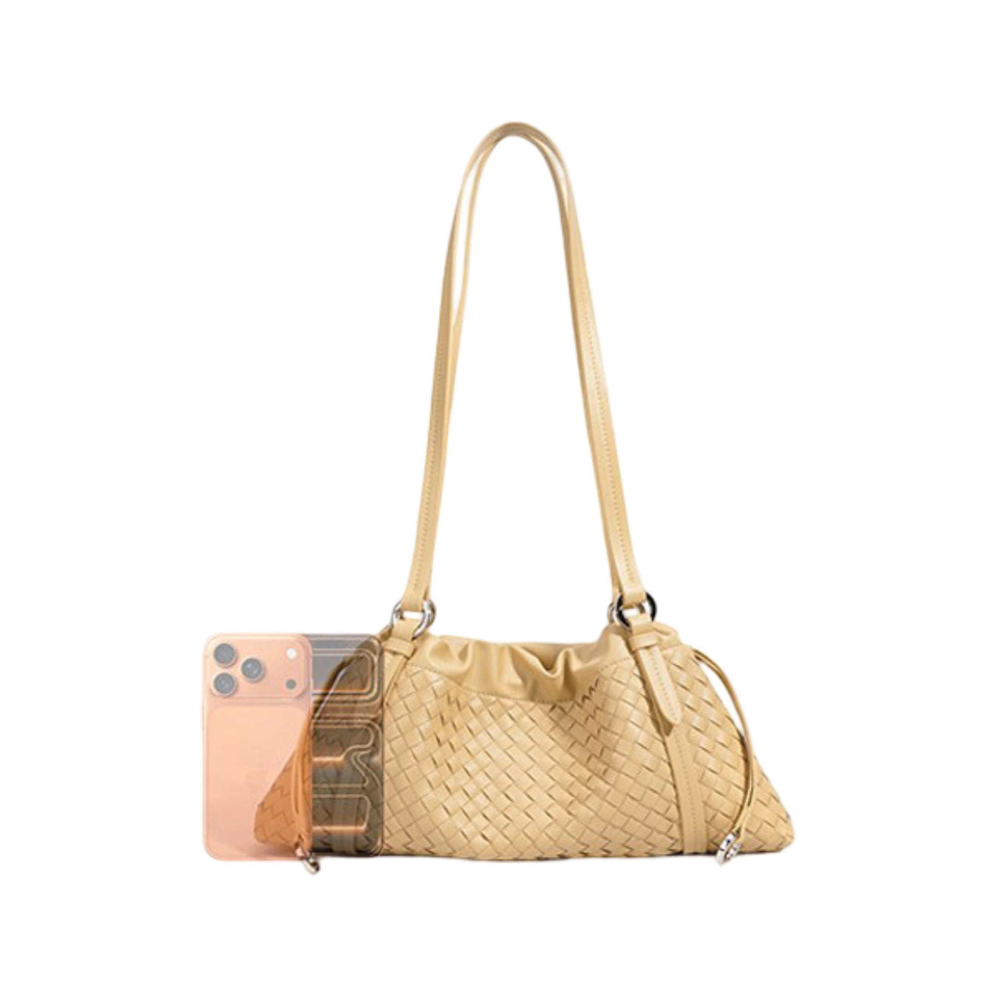 Woven Leather Shoulder Satchel with Ruched Top Detail Long Straps and Slouchy Shape