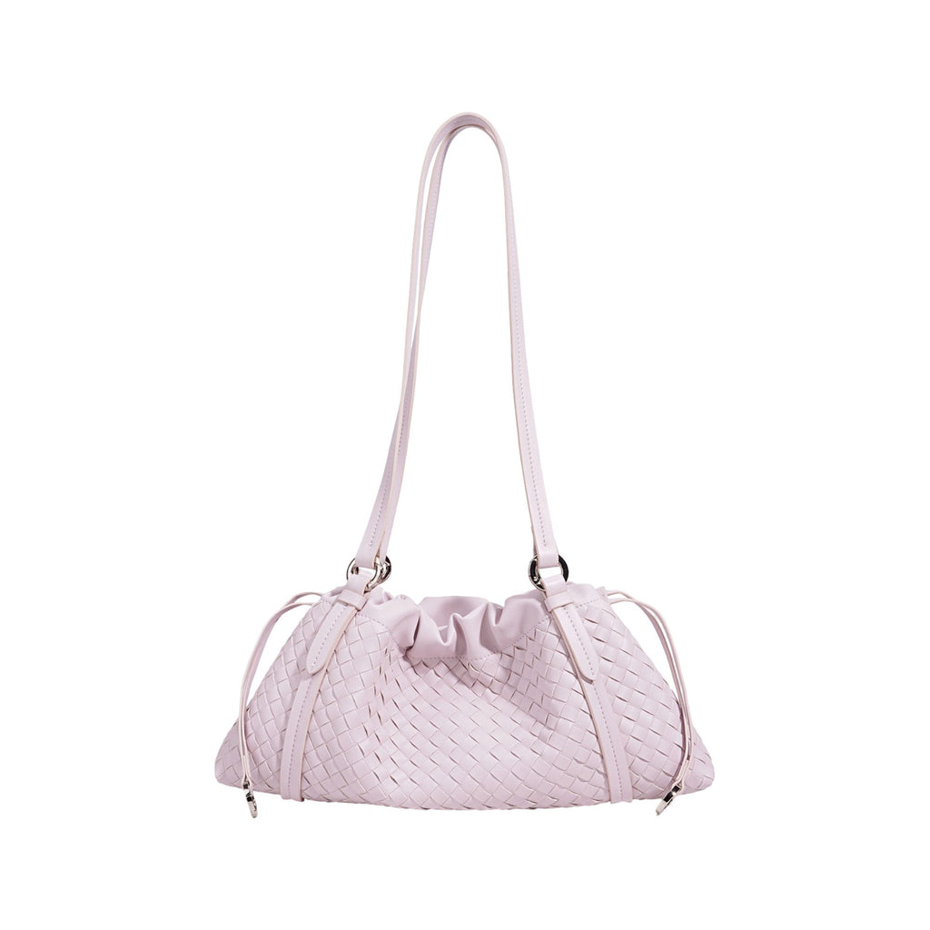 Woven Leather Shoulder Satchel with Ruched Top Detail Long Straps and Slouchy Shape