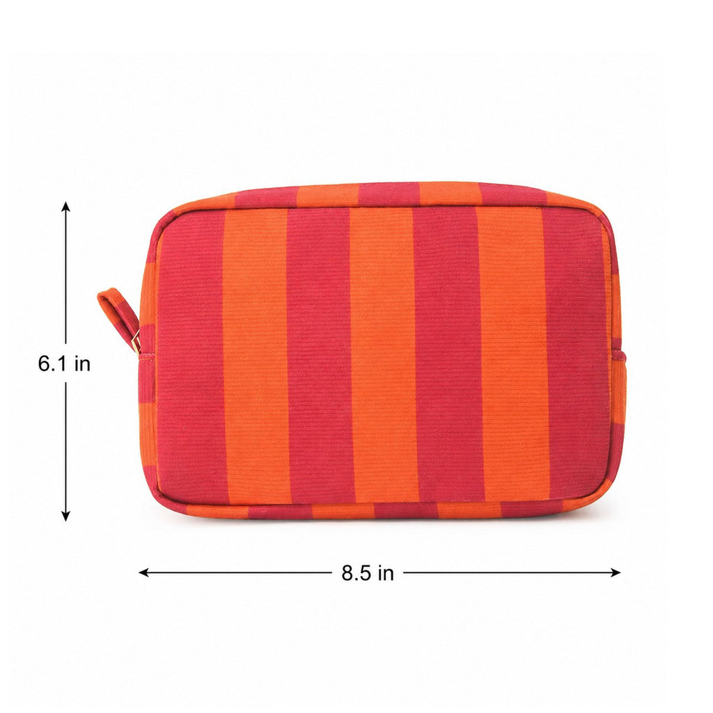 Striped Corduroy Cosmetic Pouch Makeup Bag with Zip Closure
