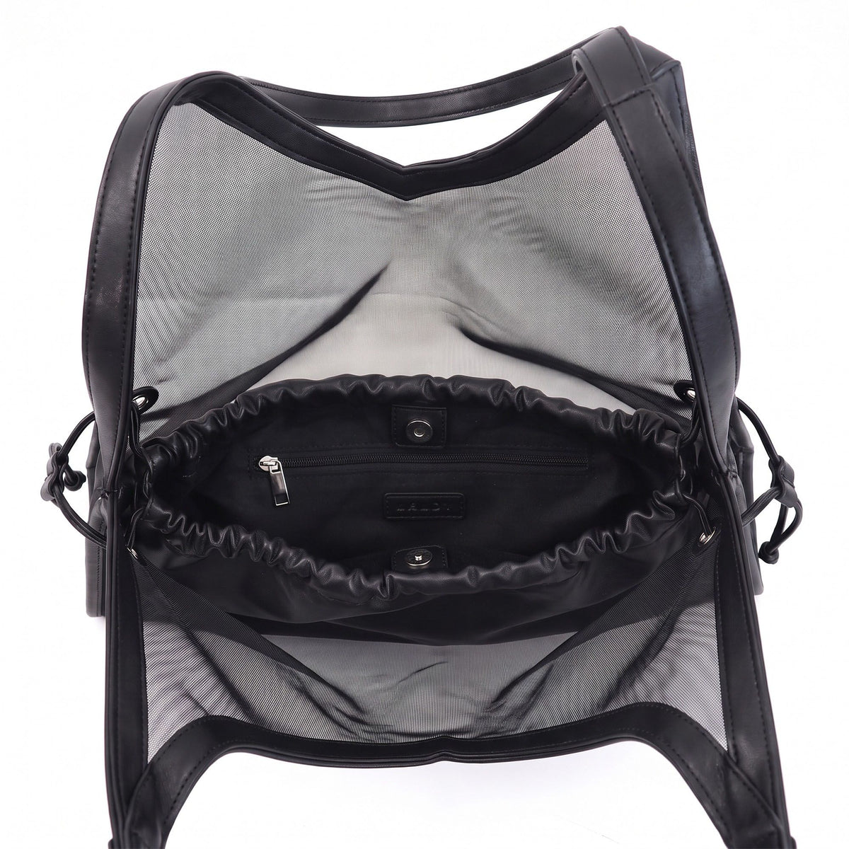 Large Mesh Hobo Shoulder Bag with Front Pocket and Drawstring Side Detail