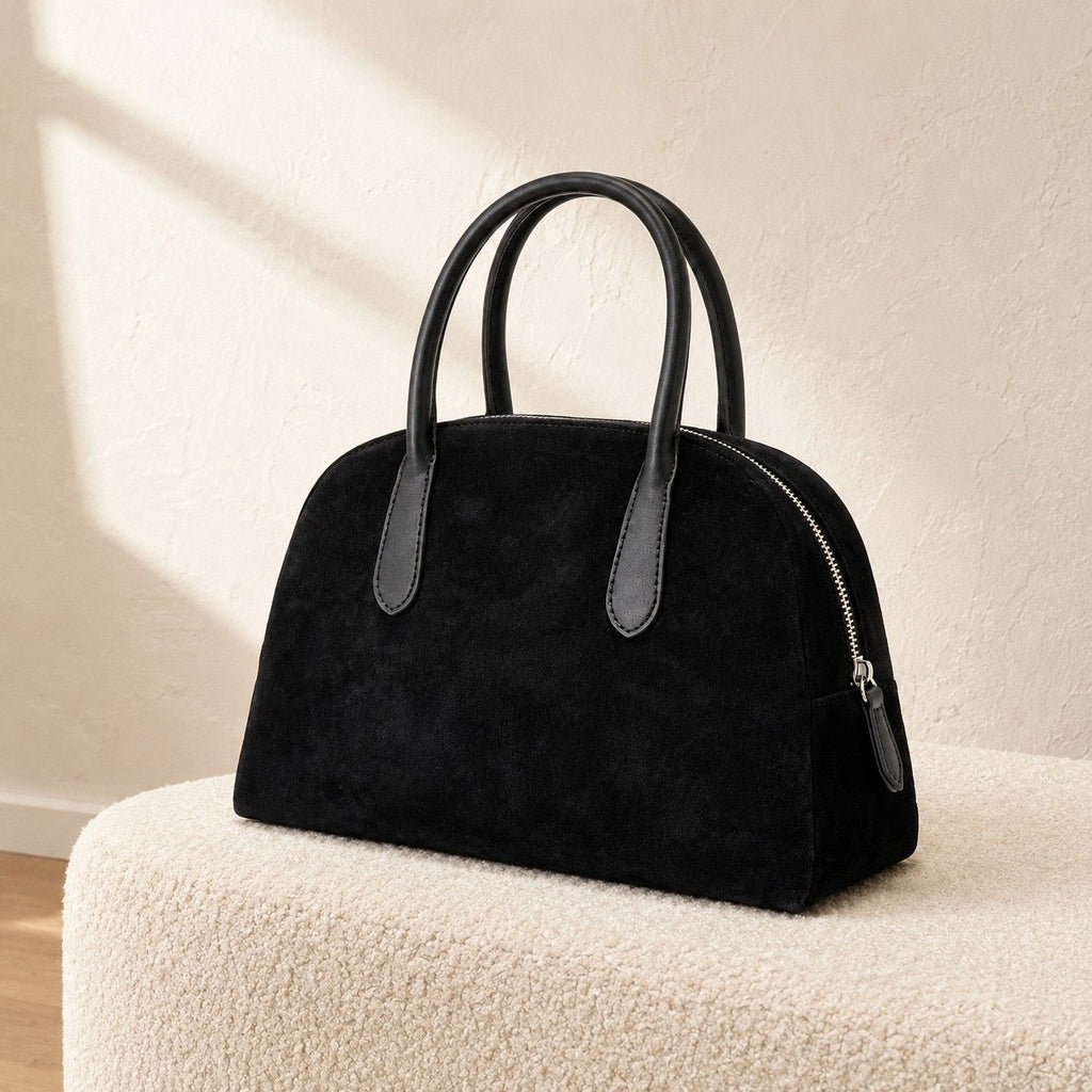 Faux Suede Satchel Bag with Double Handles Zip Closure and Interior Pockets