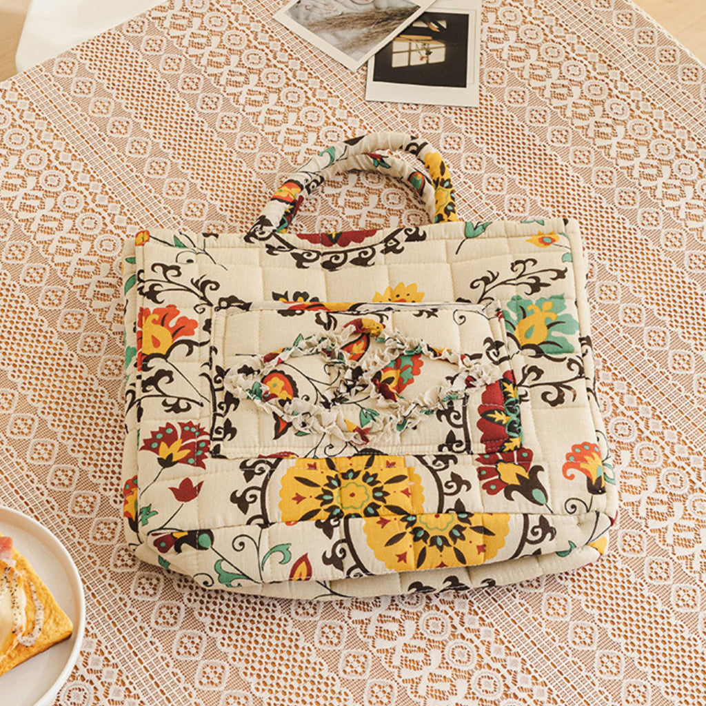 Fabric Storage Basket Quilted Cotton Organizer Bin with Floral Print Decorative Storage