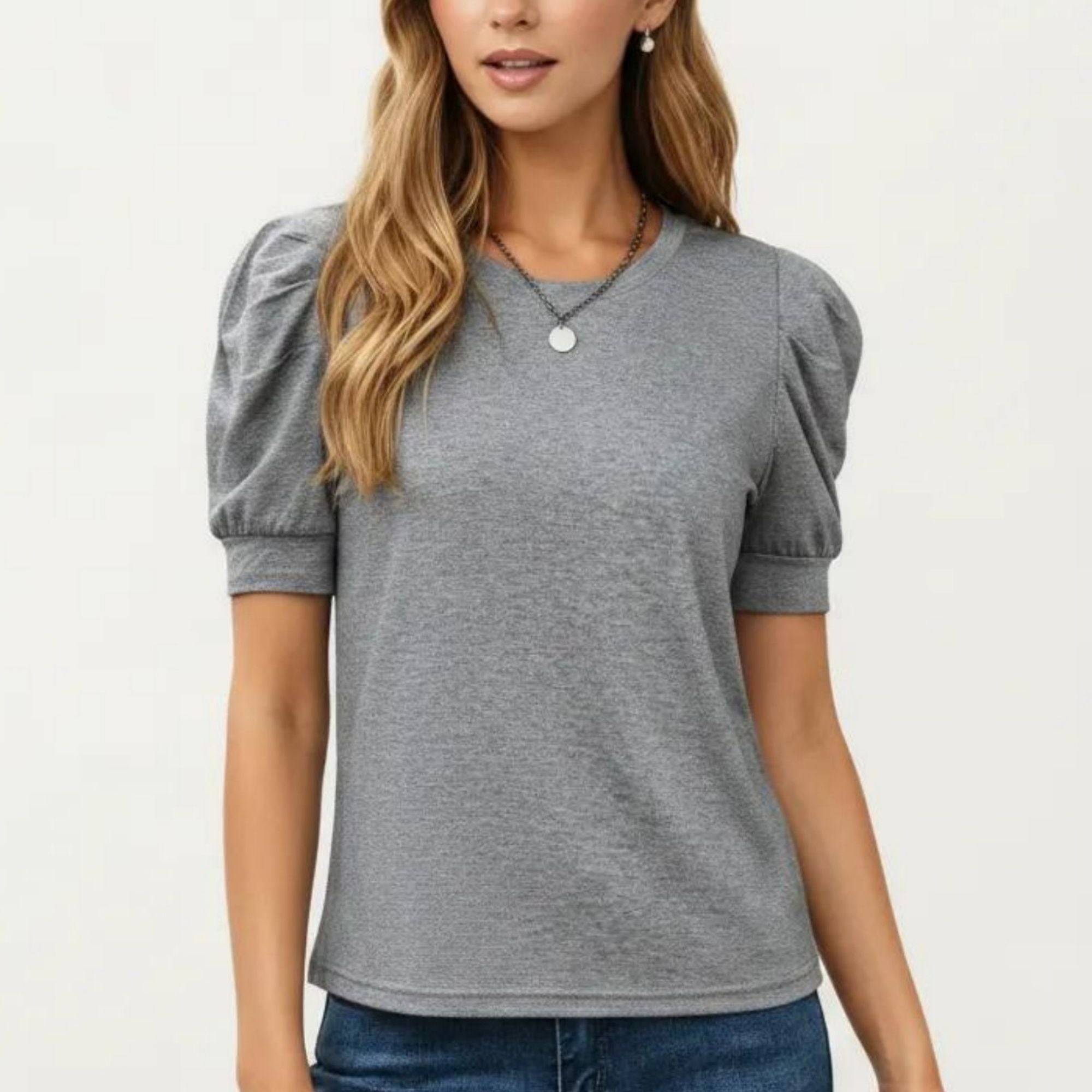 Anna-Kaci Women's Short Sleeve Puff Sleeve Knit Top with Crew Neck and Soft Textured Fabric