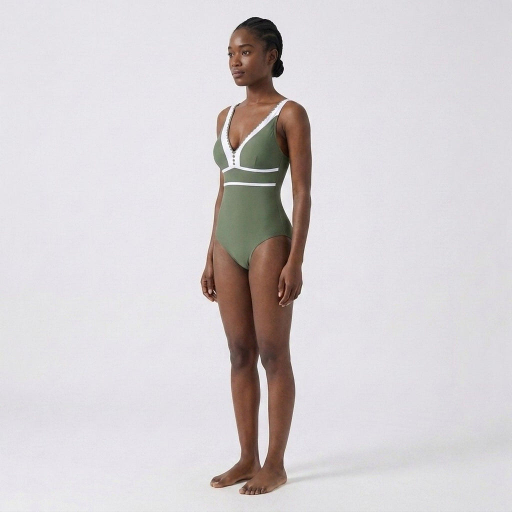 Anna-Kaci Swim Womens One Piece Swimsuit with V Neck Contrast Trim Scallop Detail and Adjustable Crisscross Straps