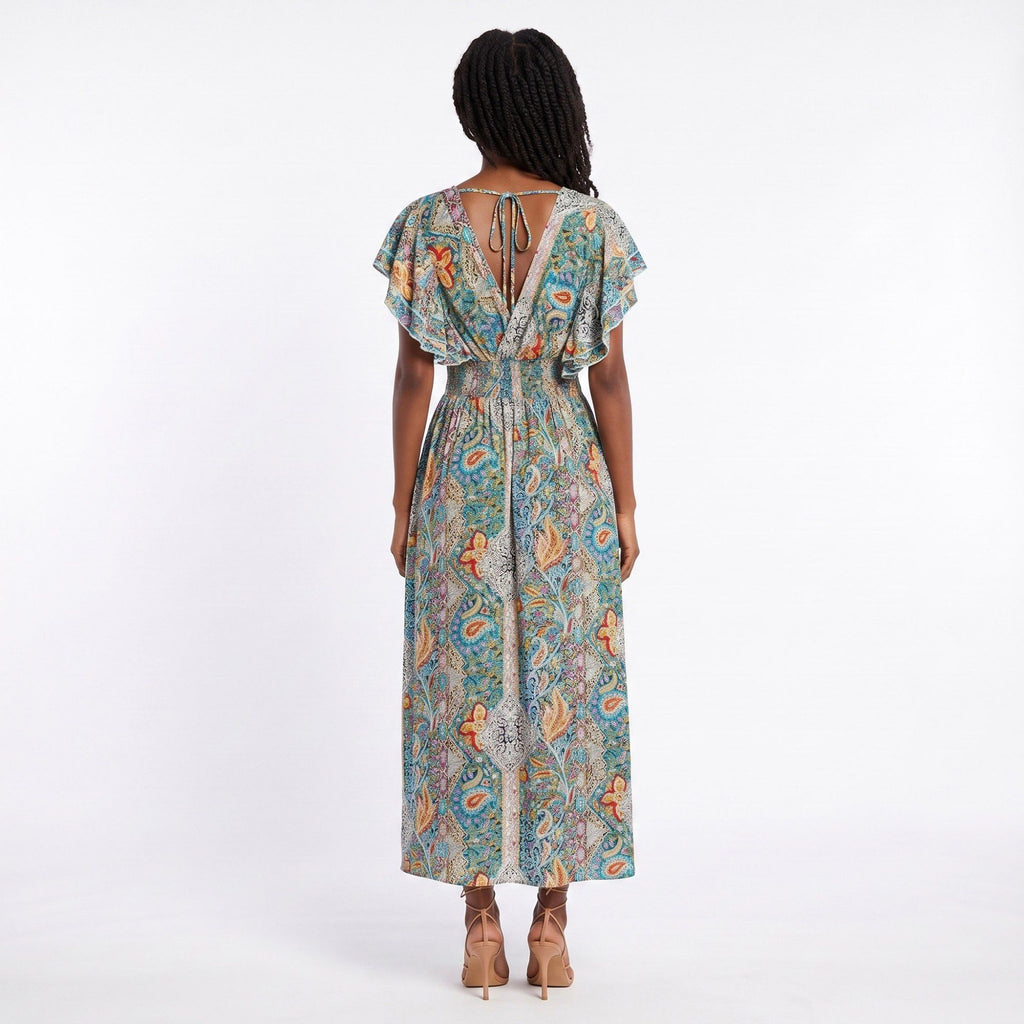 Paisley Print Maxi Dress with V Neck Flutter Sleeves Smocked Waist and Side Slit