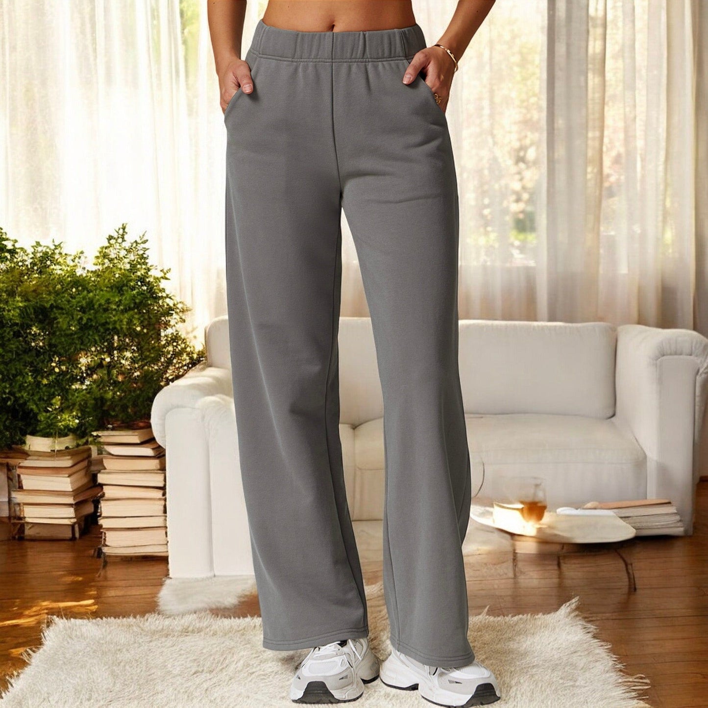 Elastic Waist Wide Leg Sweatpants with Pockets for Lounge and Casual Wear