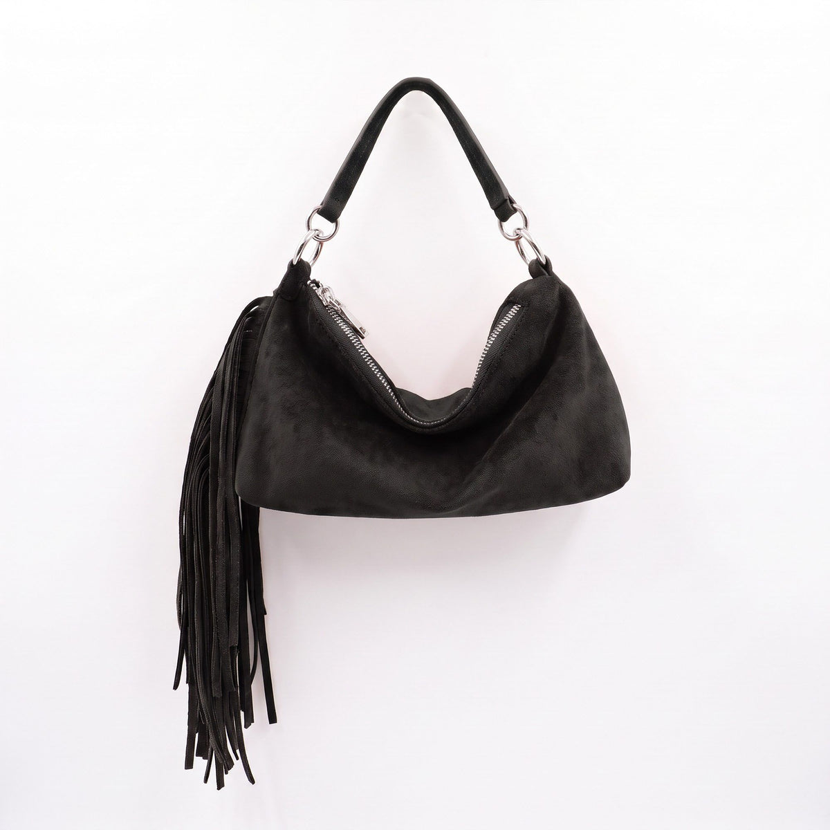 Slouchy Shoulder Handbag with Fringe Tassel and Zipper Closure