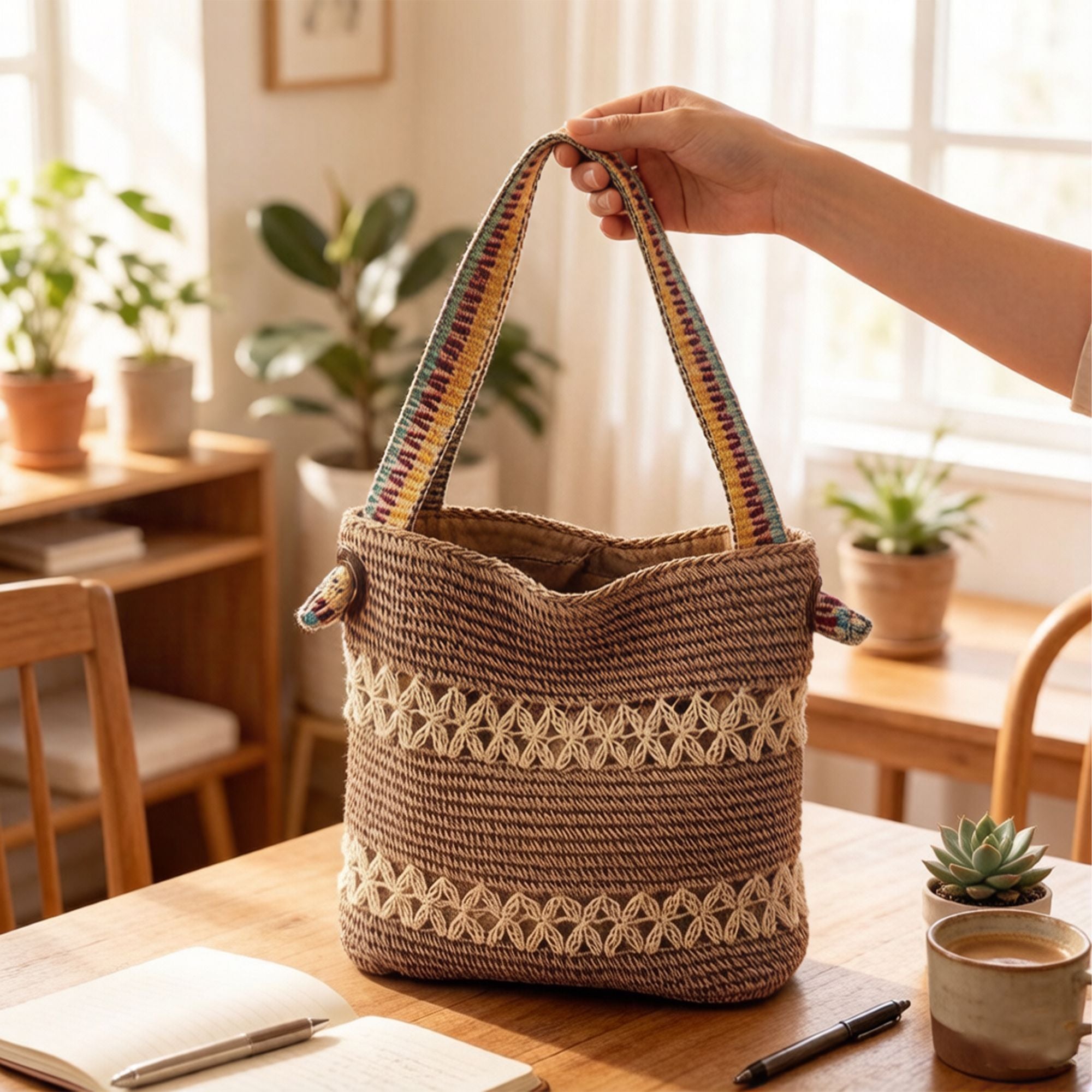Crochet Shoulder Bag with Patterned Strap Knit Hobo Handbag Lined Casual Everyday Tote