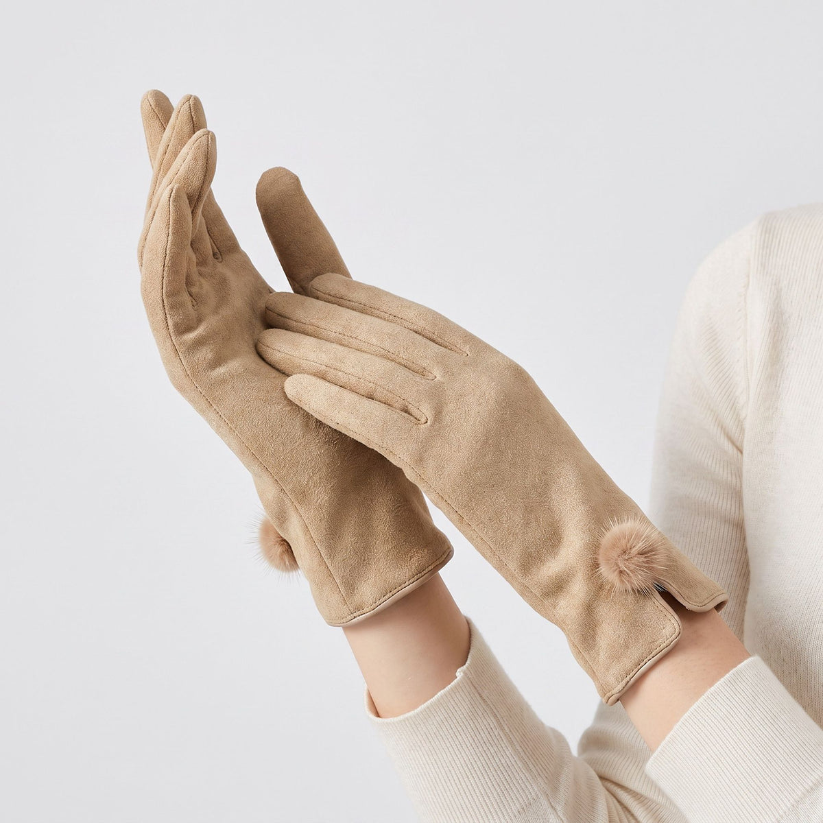Pom Pom Detail Full Finger Gloves with Soft Textured Finish