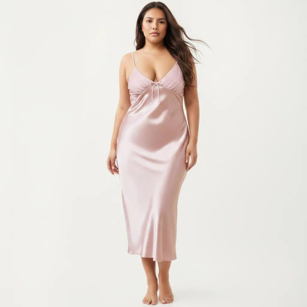 Anna-Kaci Lounge Women's Plus Size Satin Chemise Nightgown with Lace Trim Neckline Adjustable Straps Side Slit Slip Dress