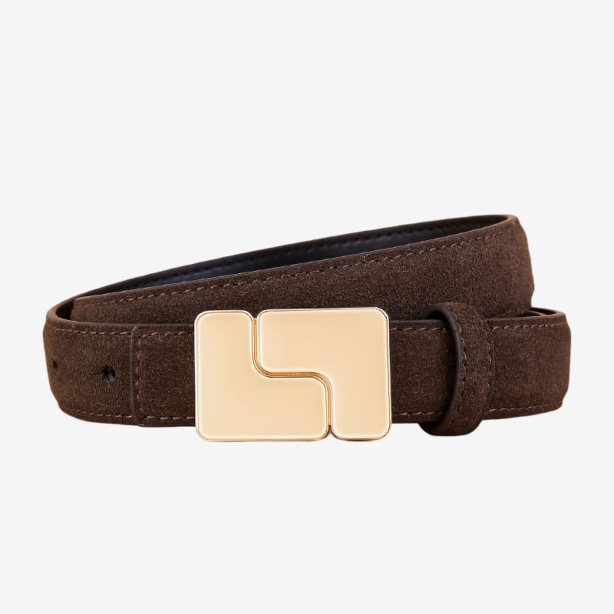 Suede Leather Belt with Geometric Gold Tone Buckle 39.4in