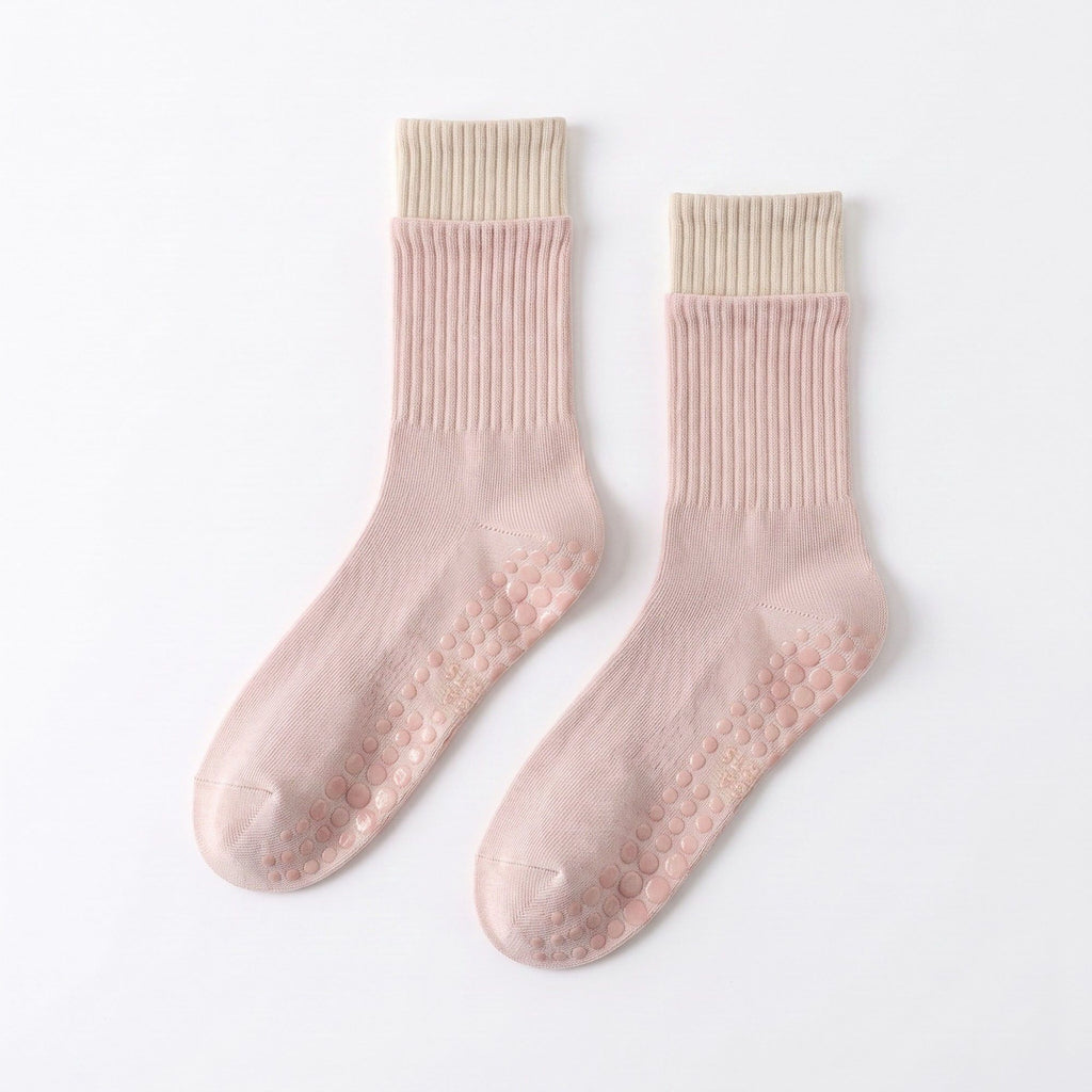 6 Pair Non-Slip Crew Socks with Contrast Ribbed Cuffs