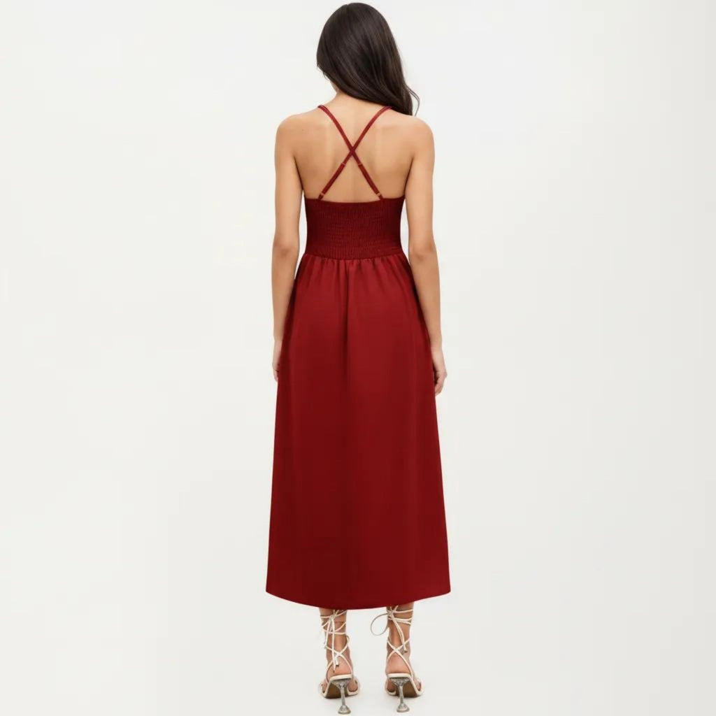 Anna-Kaci Women's Sleeveless Maxi Dress with Cutout Front and Smocked Back