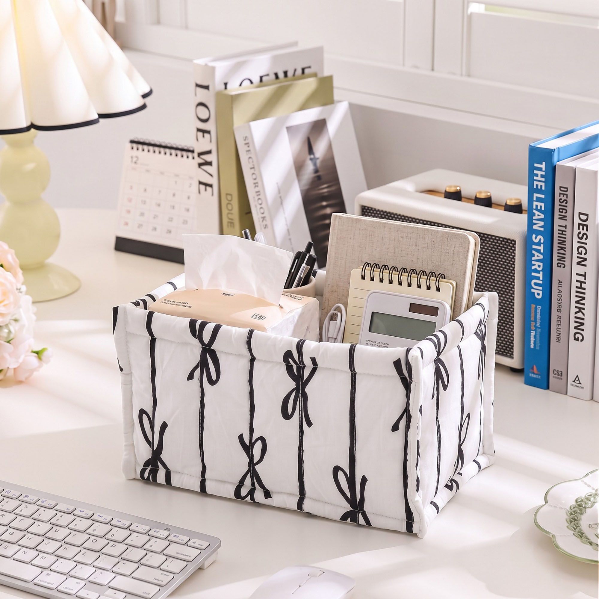 Quilted Bow Print Fabric Storage Bin Open Top Organizer Basket