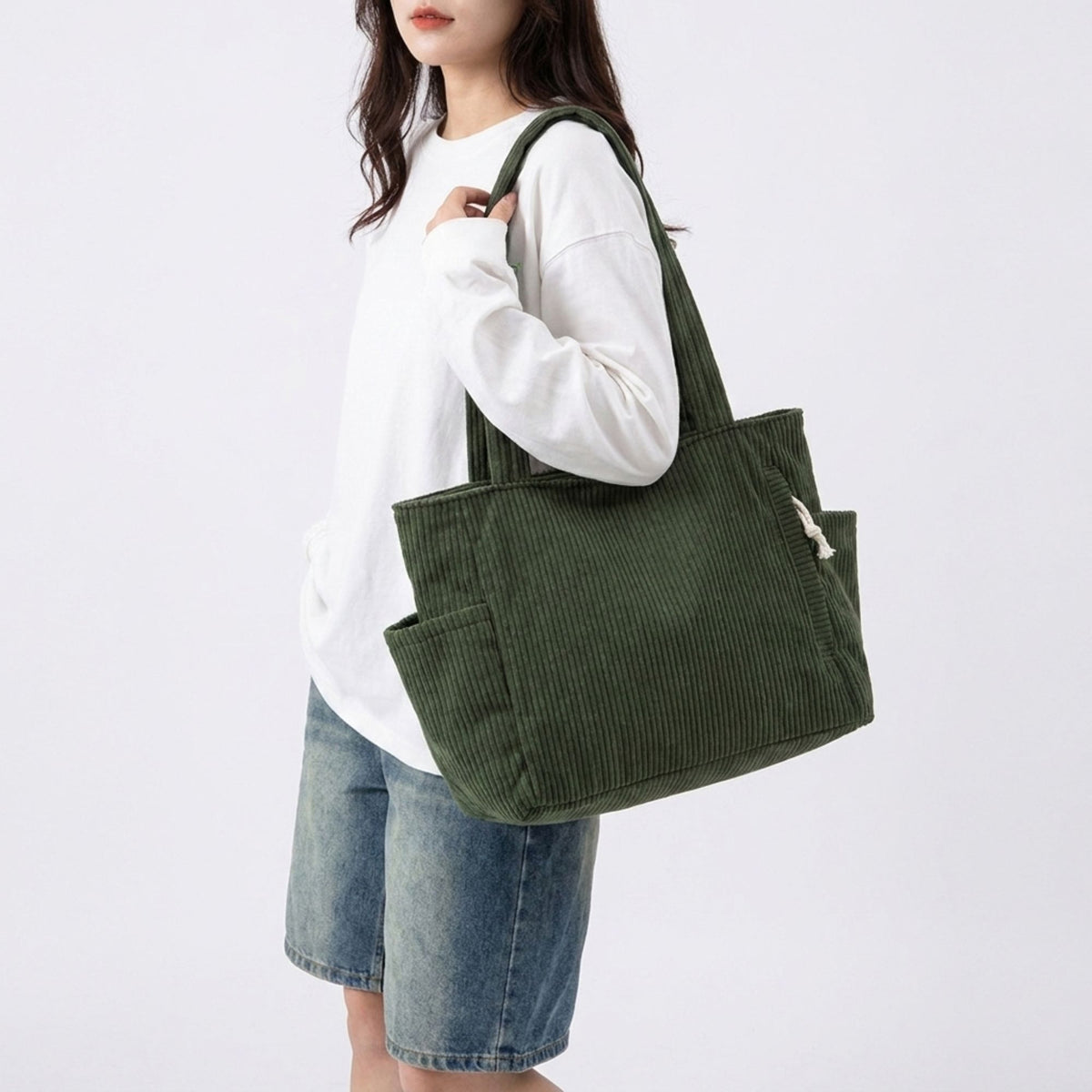 Corduroy Tote Bag Large Capacity Shoulder Bag with Side Pockets and Zipper Closure