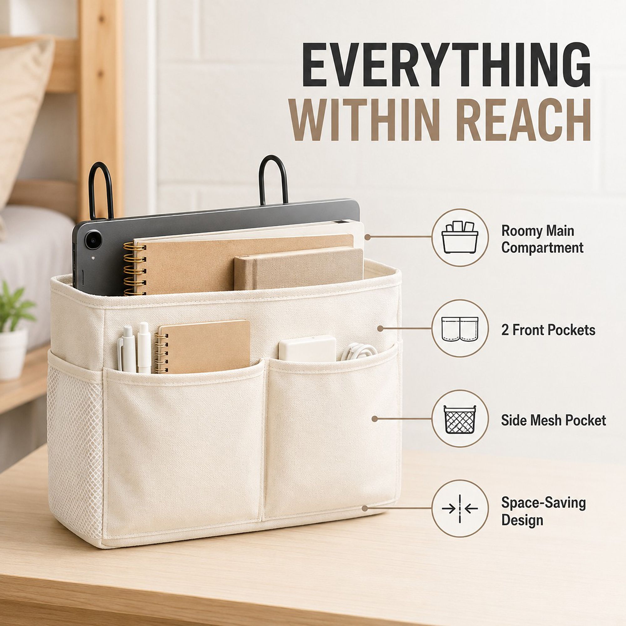 Hanging Bedside Storage Caddy with Hooks and Multiple Pockets Bed Rail Organizer